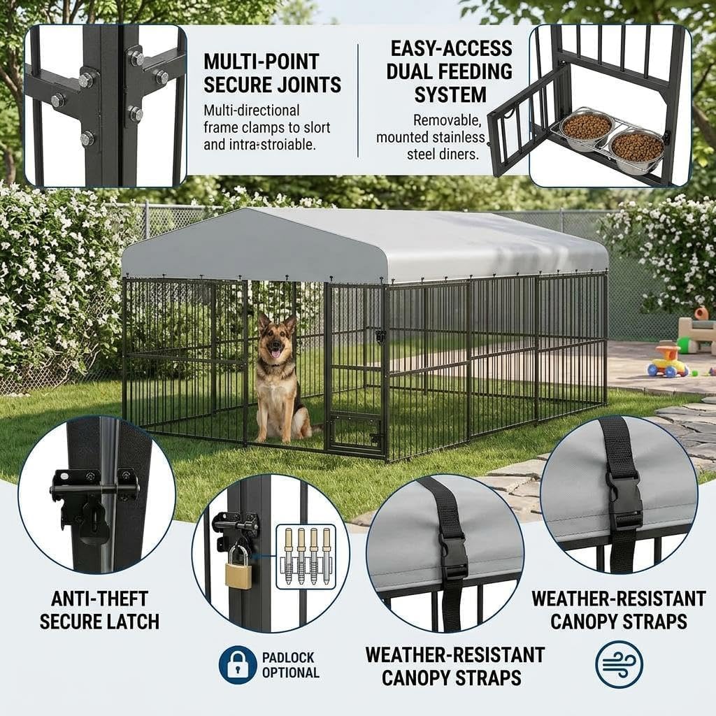 10 x 20FT Large Dog Kennel, Heavy Duty Metal Outdoor Dog Kennel, Outside Dog Playpen with Roof & Feeding Door