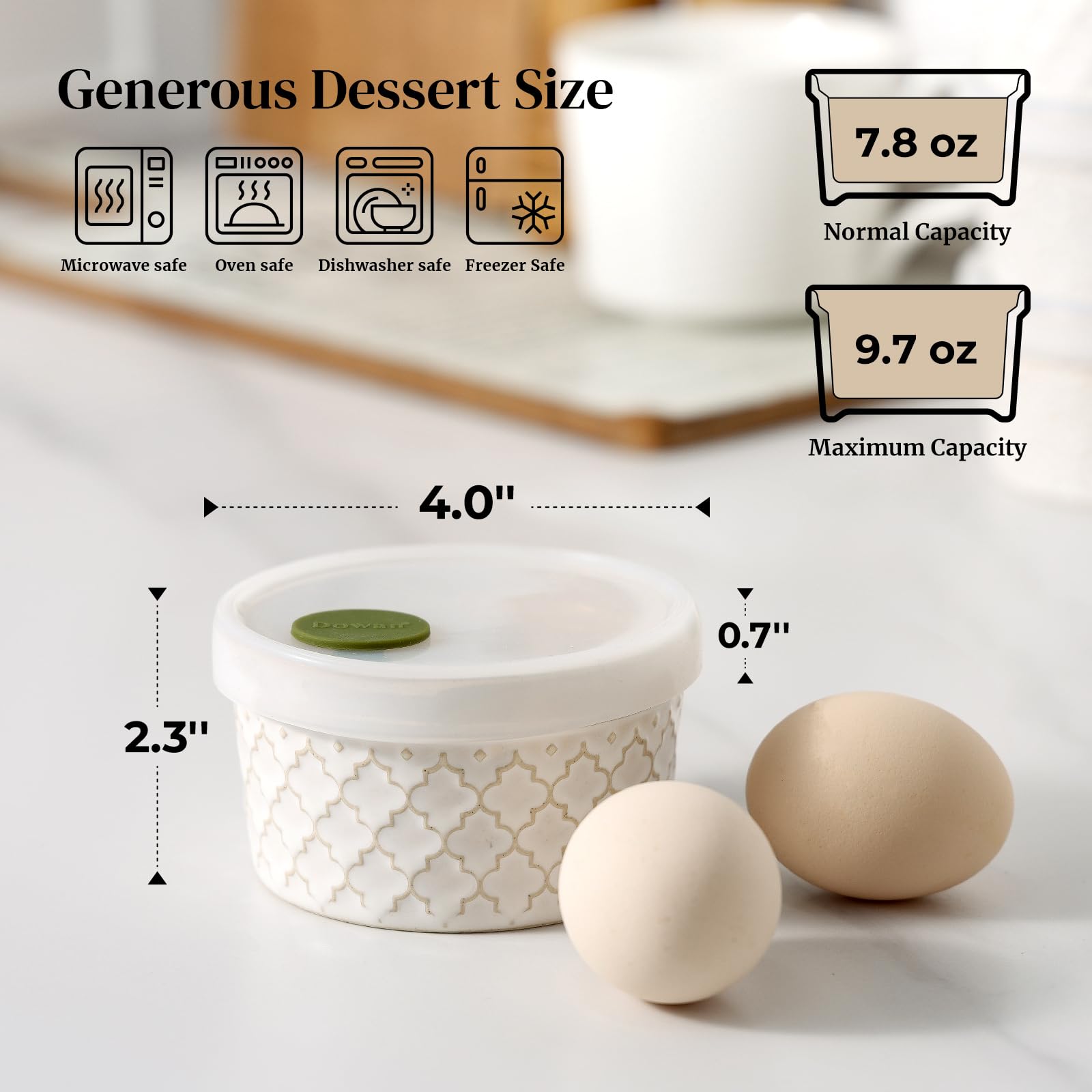 DOWAN Lot de 6 ramequins en porcelaine avec couvercles pour crème brûlée - 230 ml - Passe au four - Pour desserts, cocottes et sauces