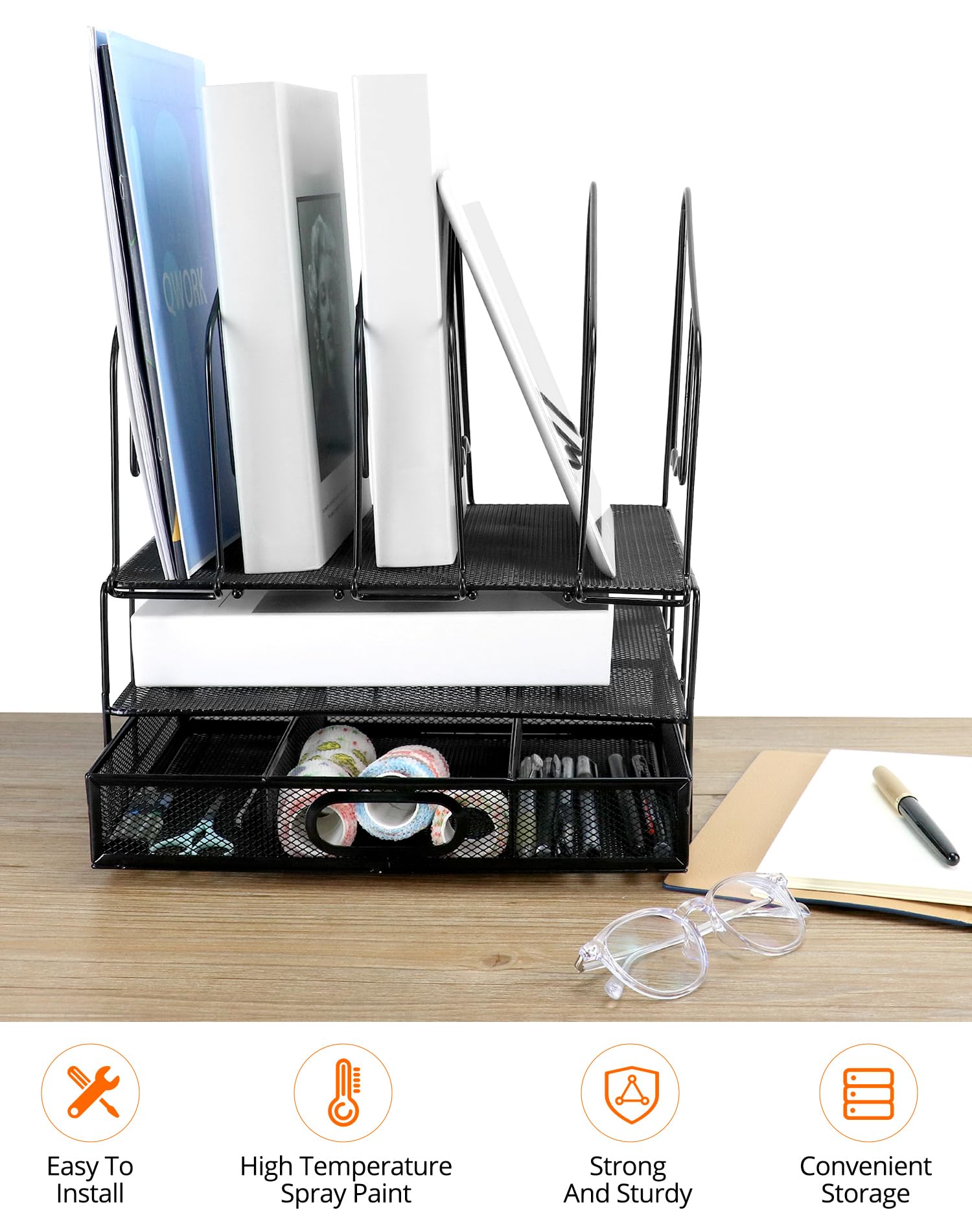 QWORK® Mesh Schreibtisch Organizer, mit schublade und 6 vertikaler ständer, büro Organizer, schwarz