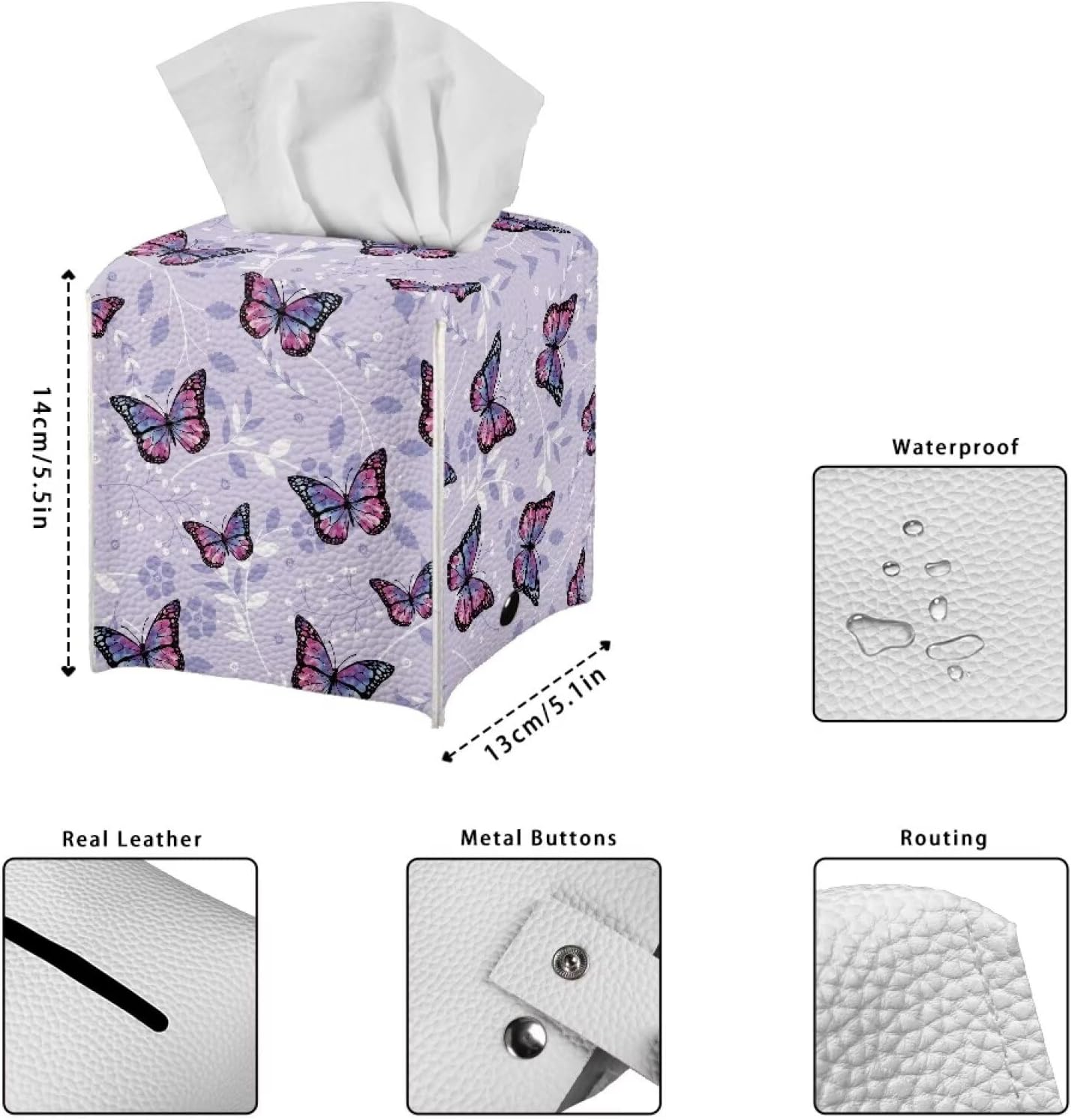Flashideas Purple Butterfly Rectangle Tissue Box Cover Modern PU Leather Rectangular Tissue Box Tissue Box Holder Waterproof Tissue Cover Decorative Tissue Box Organizer for Bathroom