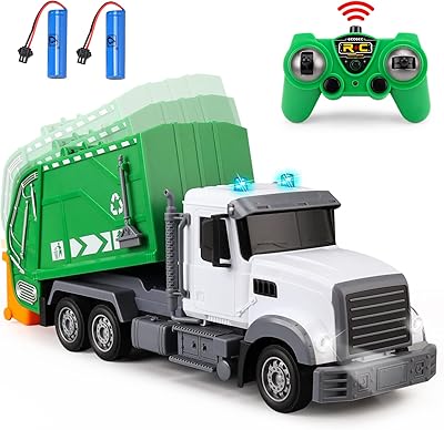 WEMOKA 1:24 Scale Remote Control Garbage Truck Toys, 6 Channel RC Waste Management Garbage Truck, 2.4Ghz Recycling Trash Truck Toys with Two Rechargeable Batteries for Boys and Girls Kids, 15/