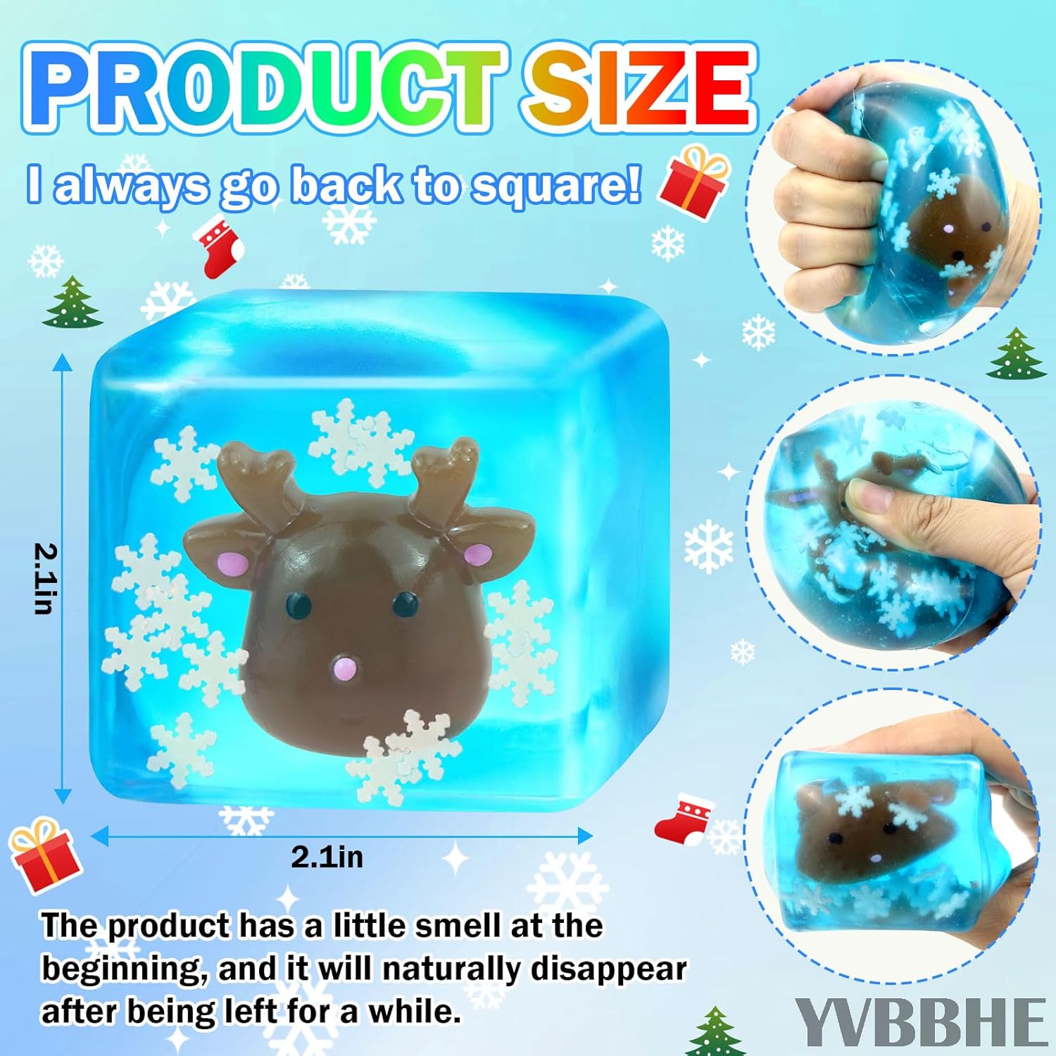 Blue Squeeze Cube with Luminous Hand Painted Elk Inside，Squishy Stress Fidget Gummy Toys ，Glow in The Dark Maltose Sensory Toys for Kids Autism , Stress Balls for Anxiety Stress Relief