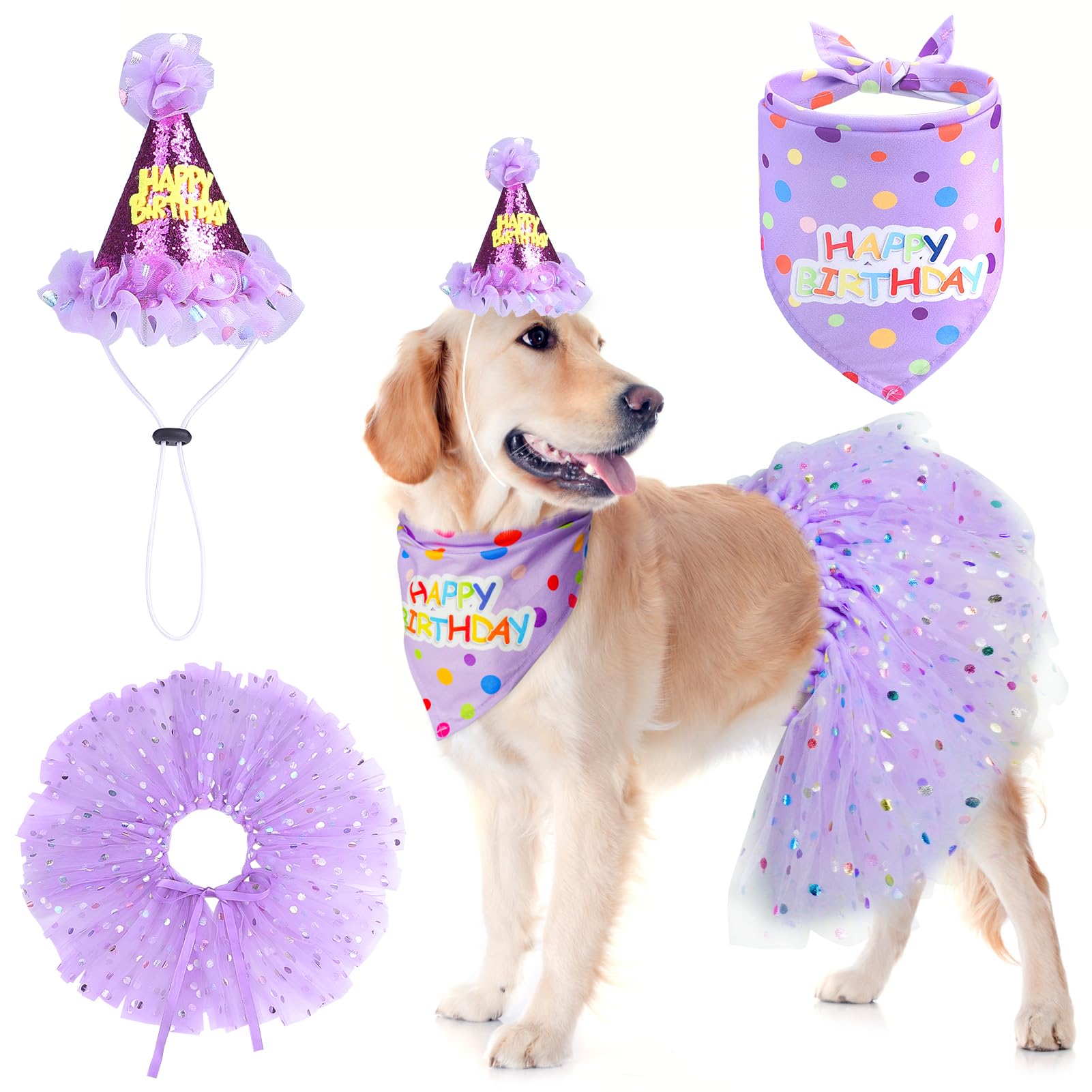 SCENEREAL Dog Birthday Bandana with Hat and Dress Girl Set, Large Dog Birthday Party Supplies, Cute Tutu Skirt Outfit for Medium Big Dogs