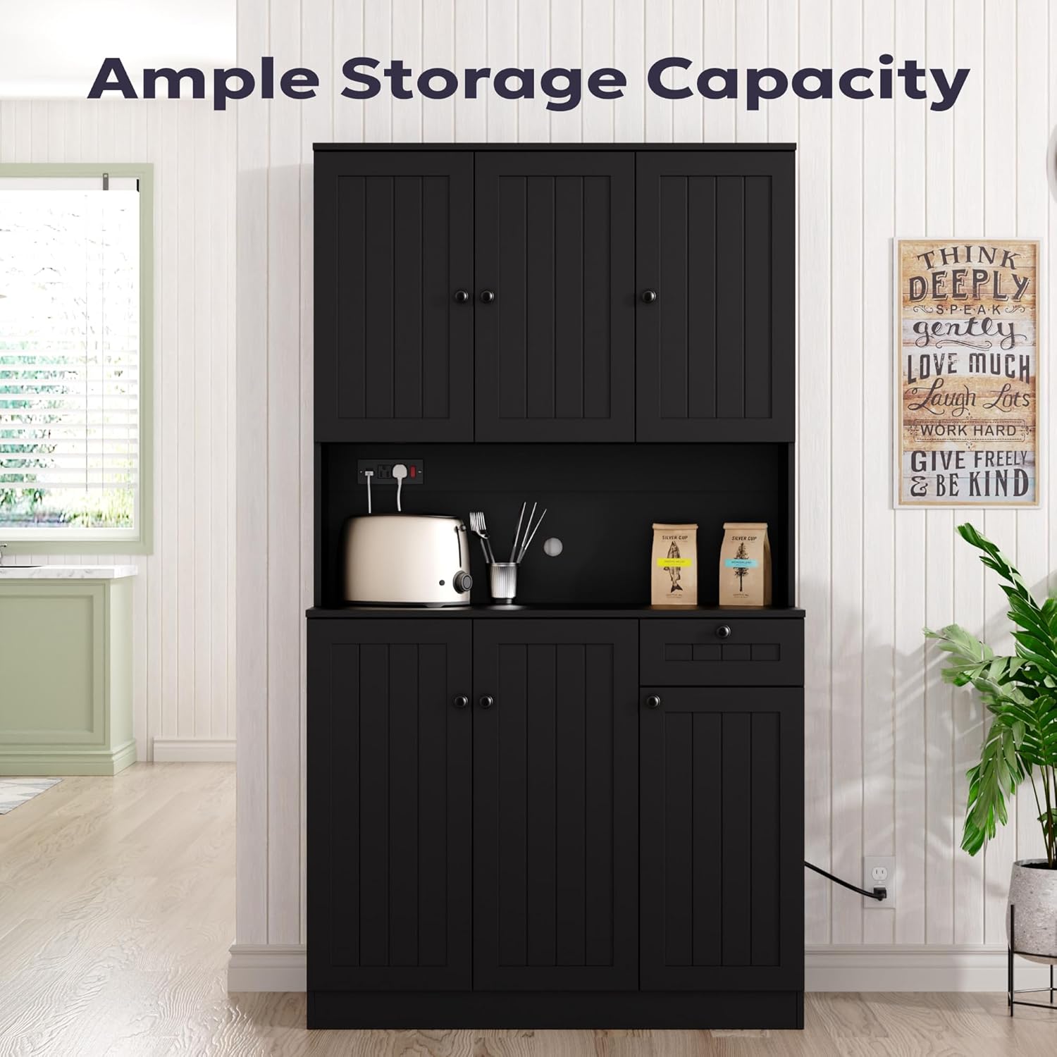 71" Pantry Cabinet with Charging Station, Tall Kitchen Pantry Storage Cabinet with Microwave Stand, Farmhouse Kitchen Hutch with Storage Drawer for Living Room, Dining Room, Black