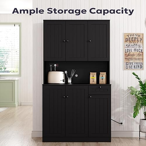 Miniatura 6 de Armario de despensa de 71 pulgadas con estación de carga, armario alto de almacenamiento de despensa de cocina con soporte para microondas, gabinete