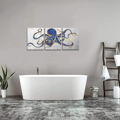 Miniatura 6 de 3 piezas de arte de pared de pulpo, color azul marino, estampado de animales marinos sobre lienzo, póster de vida oceánica para baño, dormitorio,