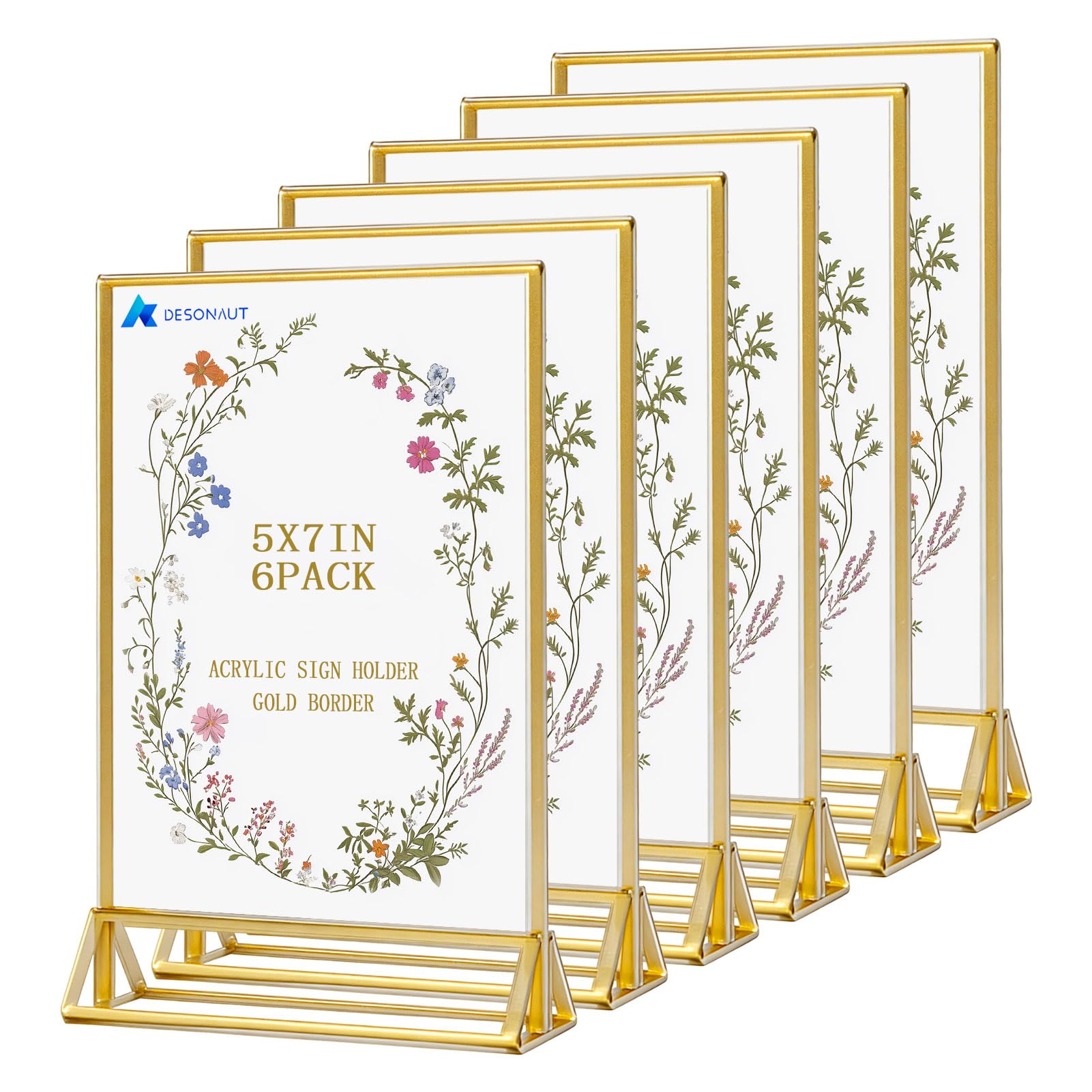 Lot de 6 supports de panneau en acrylique avec bordure dorée, cadre transparent double face, support vertical parfait pour numéros de table de mariage, menu de restaurant, affichage de photos