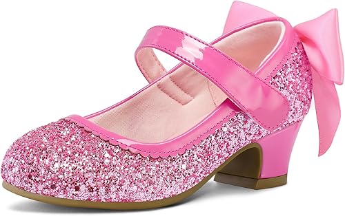 K KomForme Zapatos de vestir para niñas con purpurina Mary Jane tipo pump con lazo, tacón bajo para fiestas y bodas, zapatos de princesa