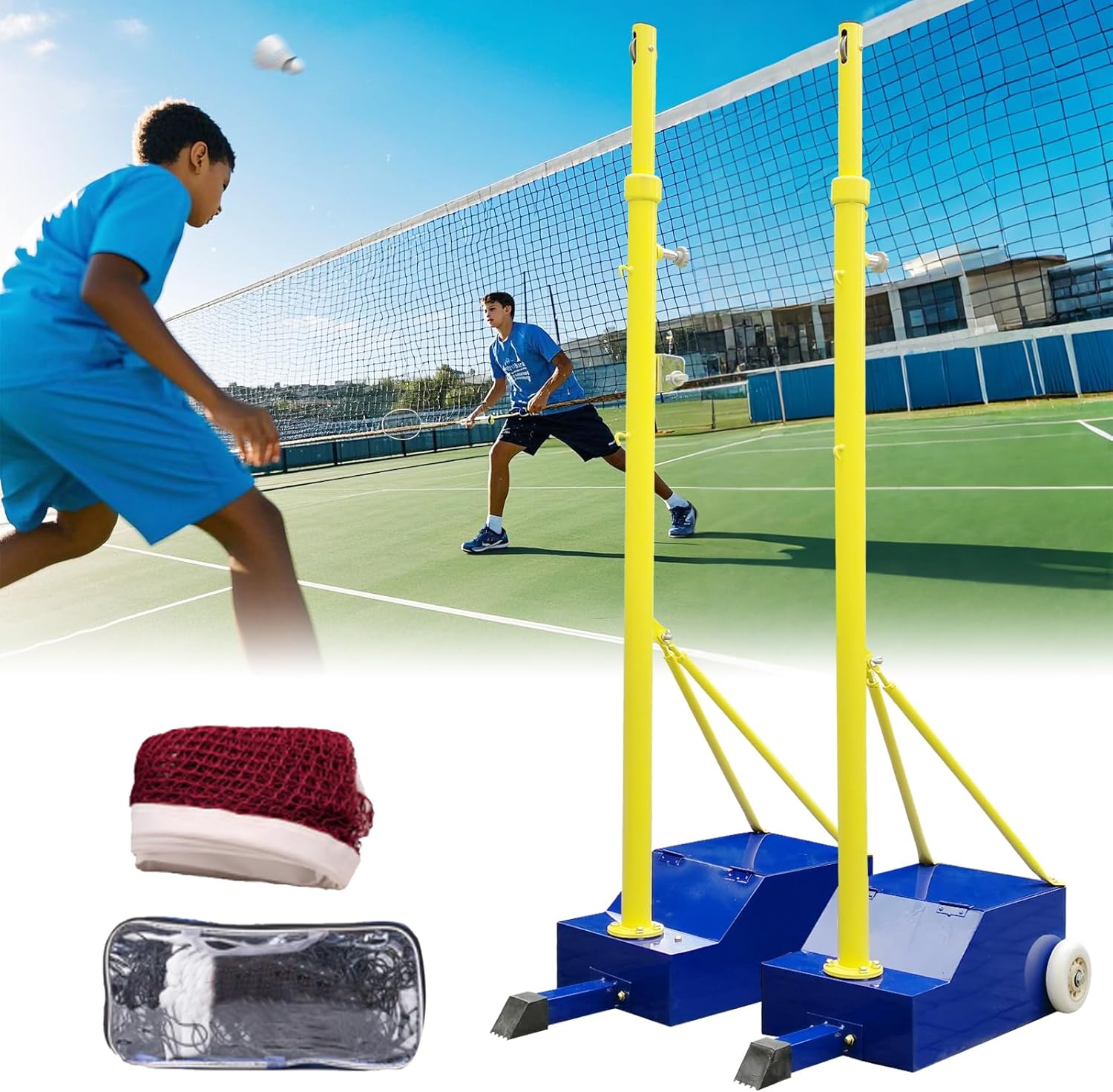 Support de Filet et Ballon de Volley-Ball Robuste avec Hauteur de Filet réglable (1,56 m - 2,07 m) | Bâton de Volley-Ball Portable pour Jardin avec Base et Roues, adapté à Une Utilisation in