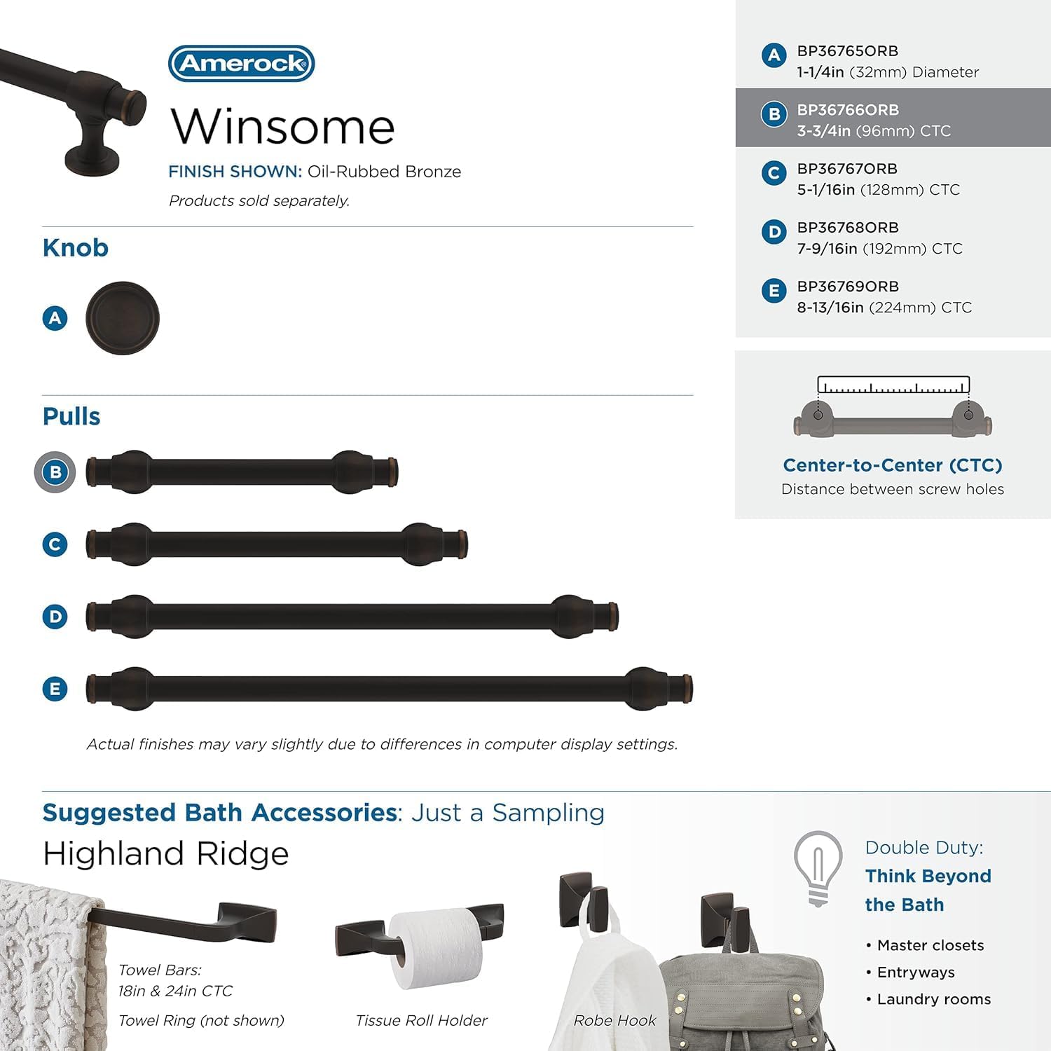 Amerock | Cabinet Pull | Oil Rubbed Bronze | 3-3/4 inch (96 mm) Center-to-Center | Winsome | 1 Pack | Drawer Pull | Cabinet Handle | Cabinet Hardware