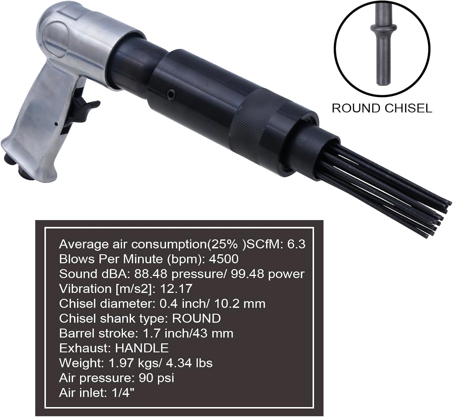 BHTOP Air Needle Scaler with 4 Chises, 19 Needles Pneumatic Air Hammer Needle Gun for Metalworks, Rust, Weld & Paint Remover