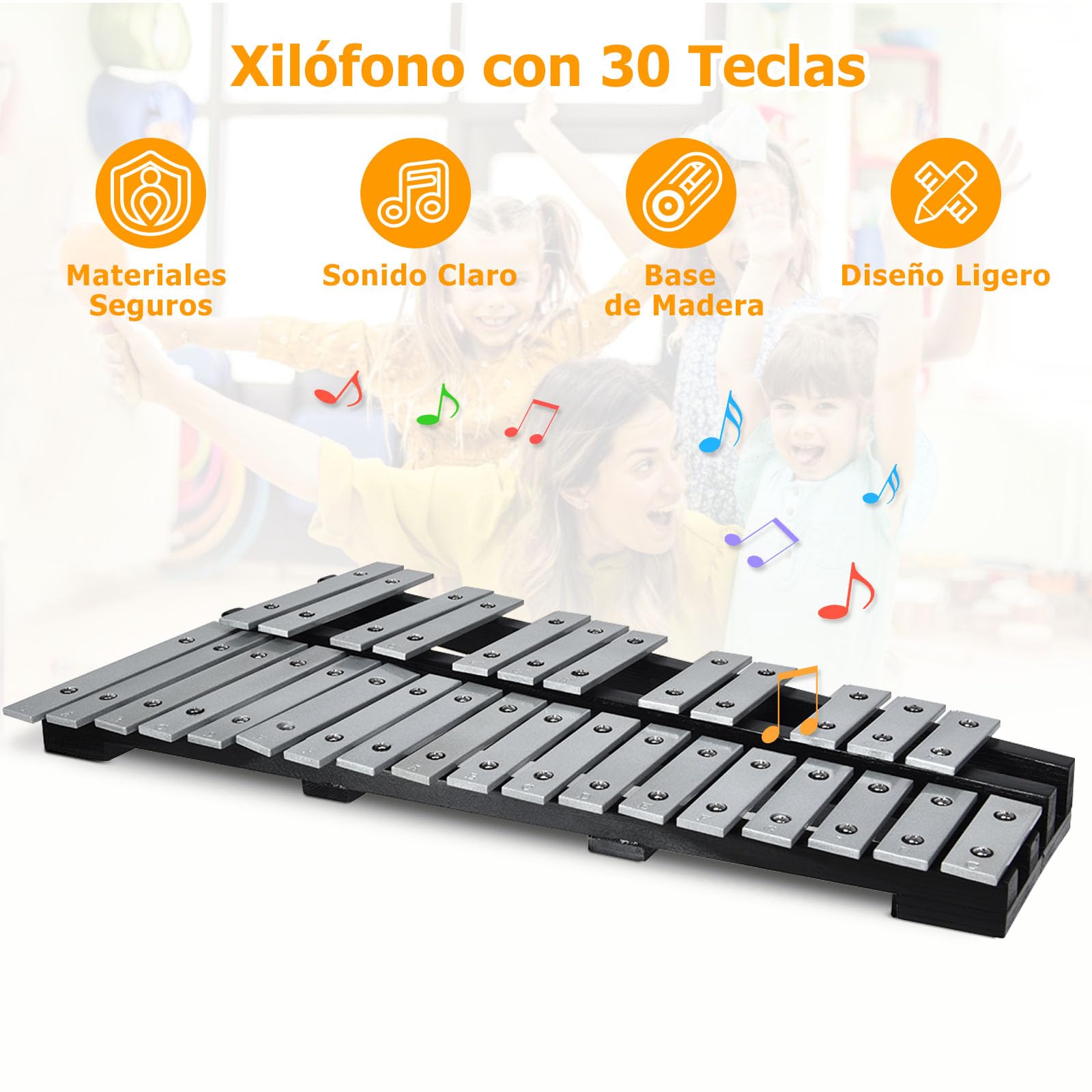 GOPLUS Glockenspiel de 30 Notas Plegable, Xilófono Portátil con 2 Baquetas y Bolsa de Transporte, Instrumento Musical de Percusión con Teclas de Aluminio y Base de Madera, para Niños y Adultos