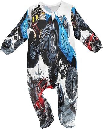 Baby One-Piece Footies Two Blue Monster Truck Sleeper Pjs Footed Bodysuit Rompers Zipper for Boys Girls 3M