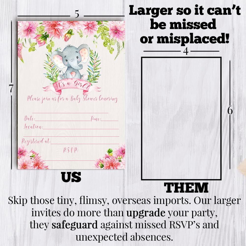 Watercolor Dahlia Floral Elephant-Themed Baby Girl Sprinkle Shower Invitations, 20 5x7 Fill In Cards with Twenty White Envelopes by AmandaCreation