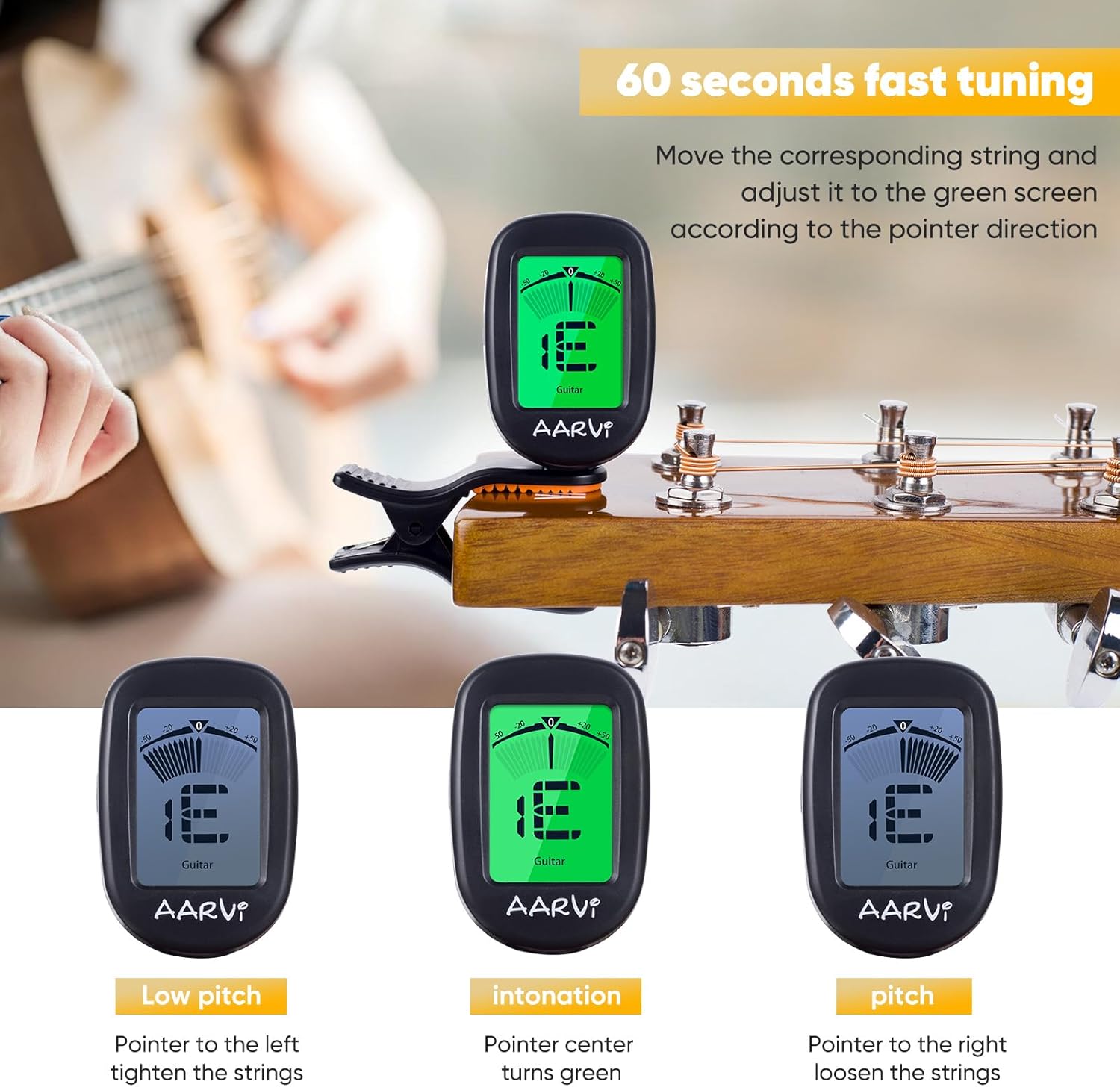 Clip On Guitar Tuner 5 Pack for All Instruments, Acoustic/Electric Guitar, Ukulele, Bass, Violin, Banjo, Large Clear LCD Display for Guitar Tuner, Chromatic Tuner, 20 Pack Guitar Picks Included
