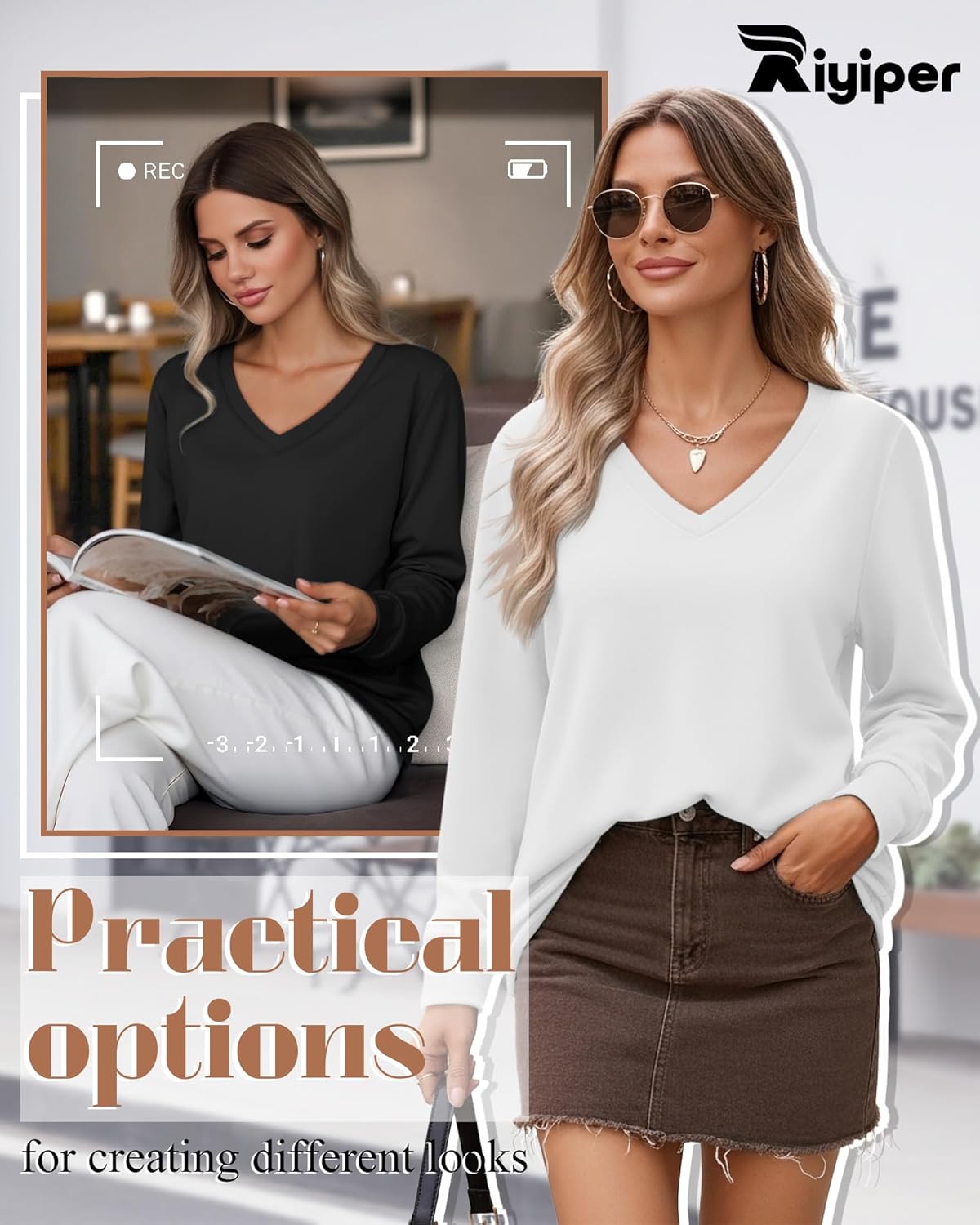Riyiper 3 Pack Women's Long Sleeve Sweatshirts, Cotton V Neck Tops Loose Fit Curved Hem Tunic Tops Basic Casual Fall Shirts - Image 4