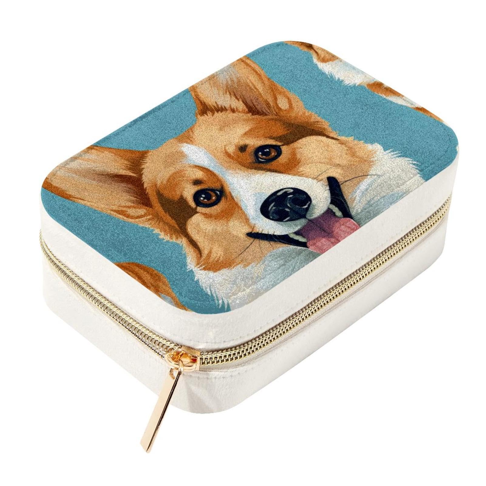 Caja de almacenamiento de joyas de terciopelo con acabados metálicos y diseño Corgi
