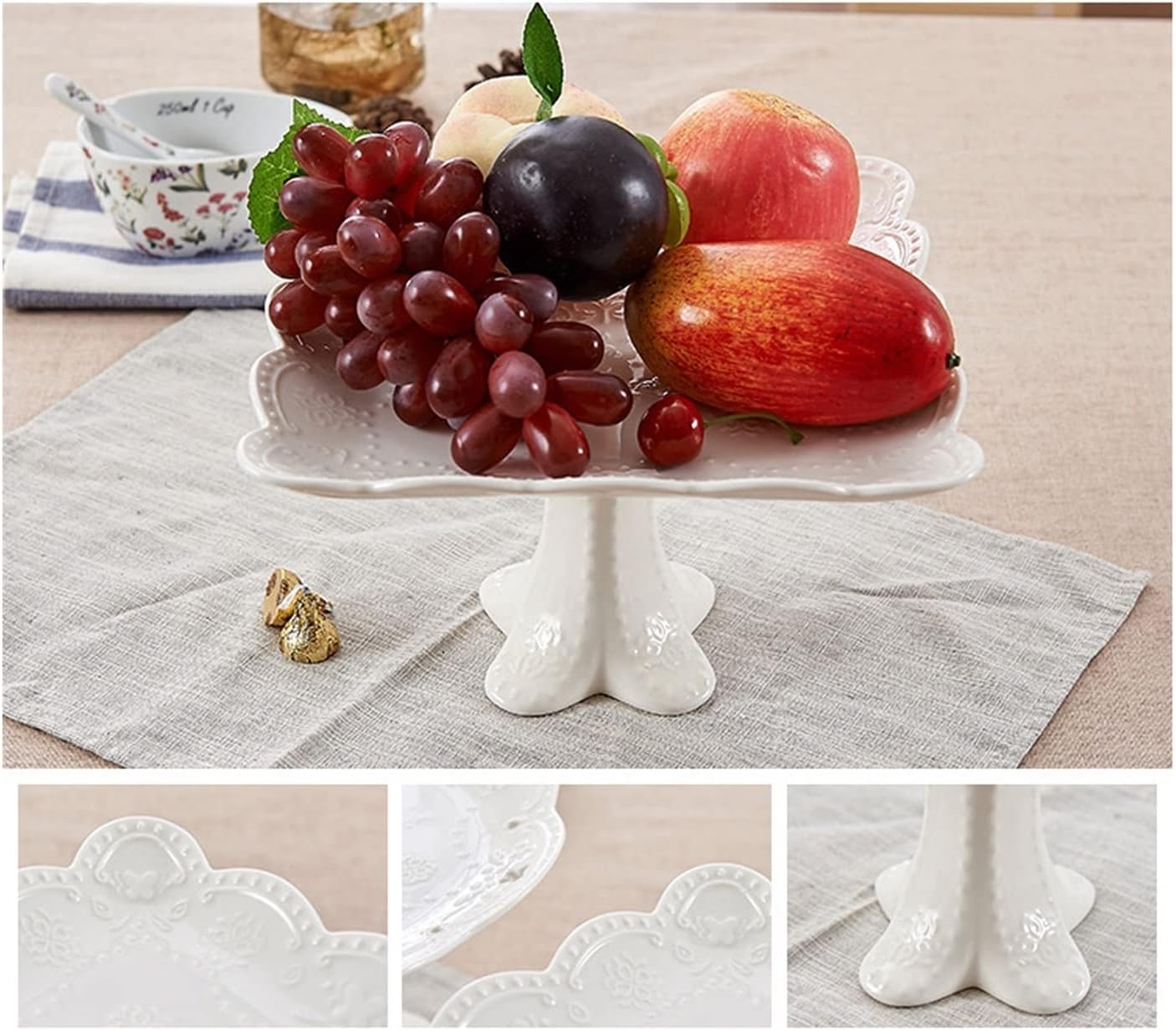 Tray/Tiered Tray Embossed Ceramic Tall Cake Tray Fruit Snack Tray Stand Afternoon Tea Birthday Wedding Dessert Table Tower Tray (Gold)