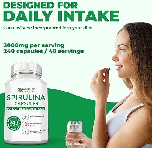 Miniatura 6 de Cápsulas de espirulina de 3000 mg  40 porciones de cápsulas orgánicas de espirulina  Ricas en proteínas, antioxidantes y vitaminas  240 Espirulina