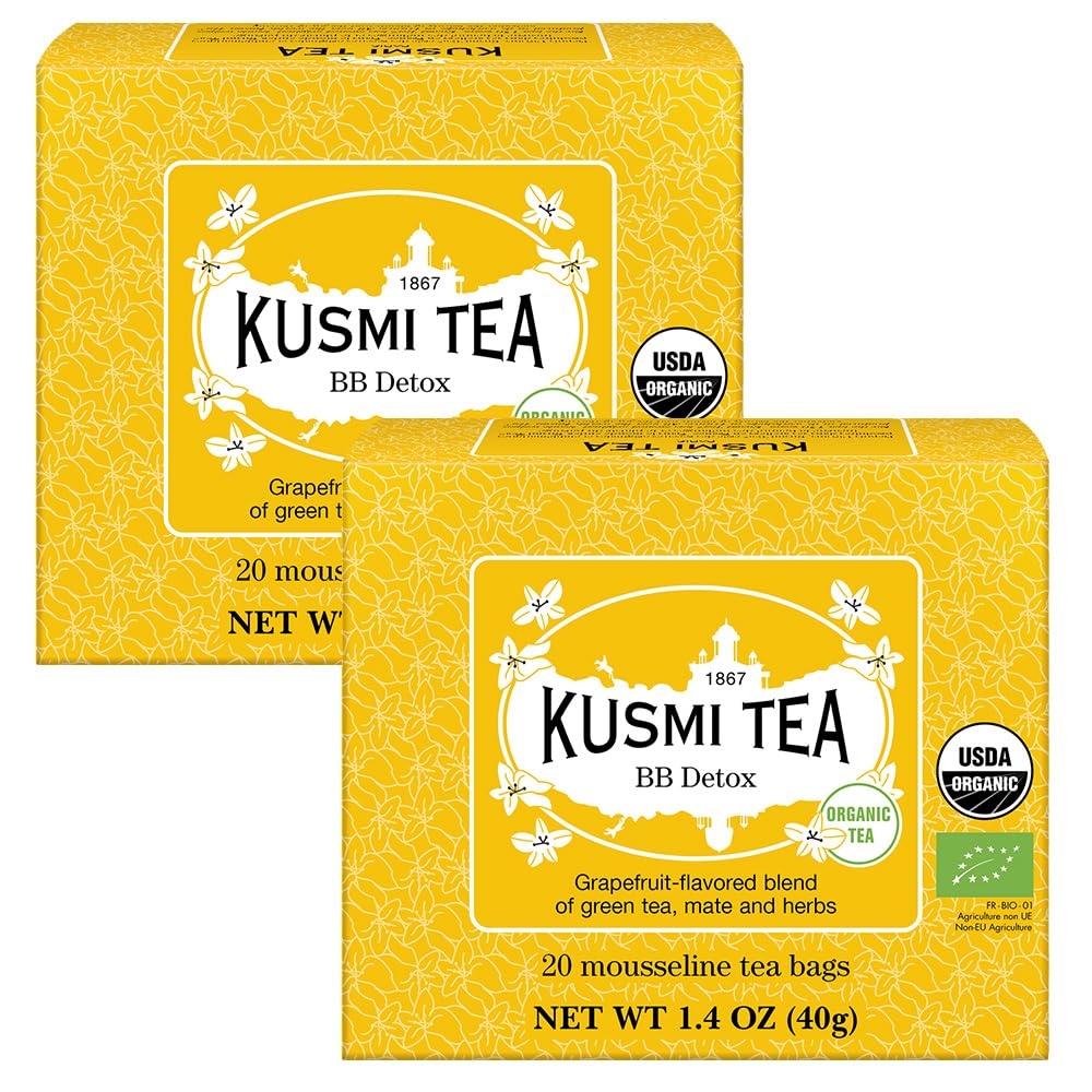 KUSMI TEAPack of 2 Boxes of Tea Bags - BB Detox - Iconic Detox Tea - 100% Organic - Blend of Green Tea, Mate & Grapefruit - Organic Flavored Yerba Mate - 2x20 Tea BagsEU Organic