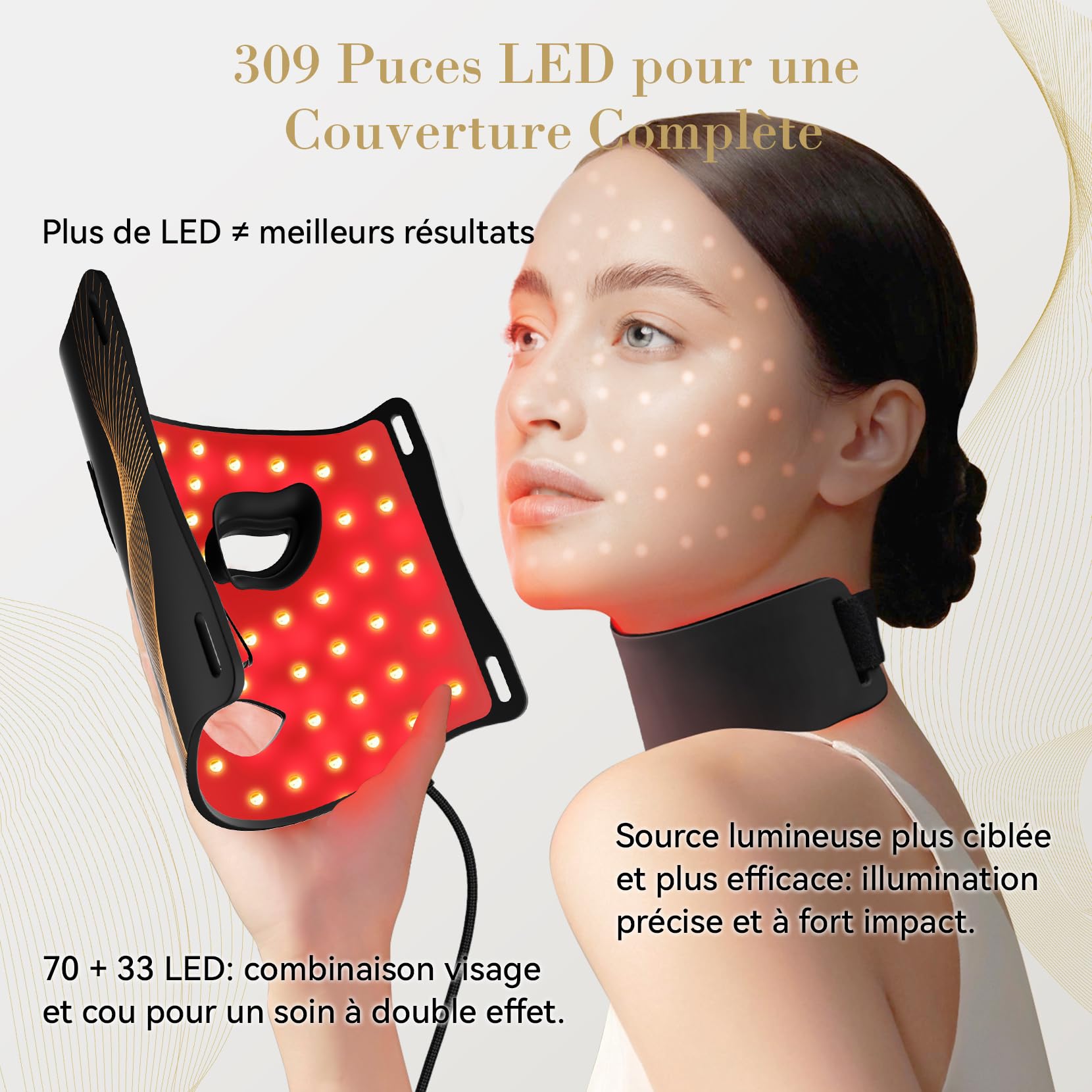 FOLOKE Masque LED de Luminothérapie Visage et Cou, LED à Lumière Rouge et Infrarouge, Masque Facial LED pour Soin du Visage à Domicile (Noir)