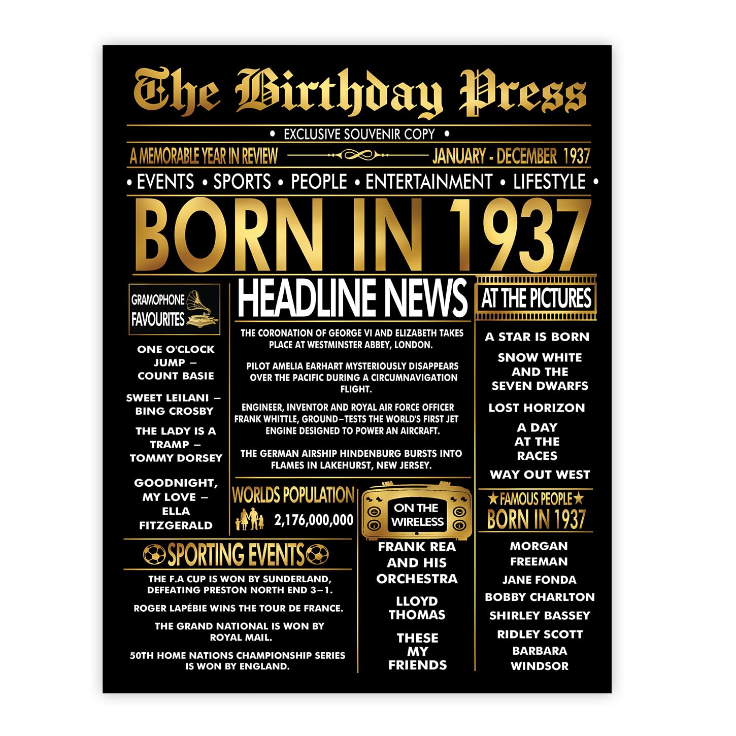 Stuff4 Gold 89th Birthday Poster Unframed - Golden Born In 1937 Newspaper - Happy 89 Birthday for Men Women Retro Vintage Gifts Back In 1937, 8x10 Inch Bday Party Decor Decoration