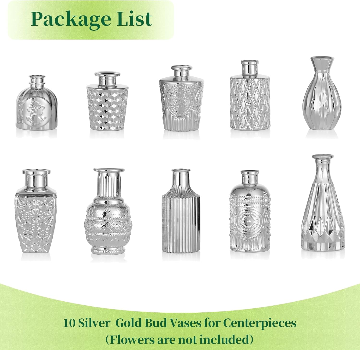 Hewory Silver Small Glass Vases for Centerpieces 10pcs Silver Bud Vase in Bulk, Mini Vintage Decorative Single Flower Vase for Wedding Birthday Party Baby Shower Home Living Room Table Decor