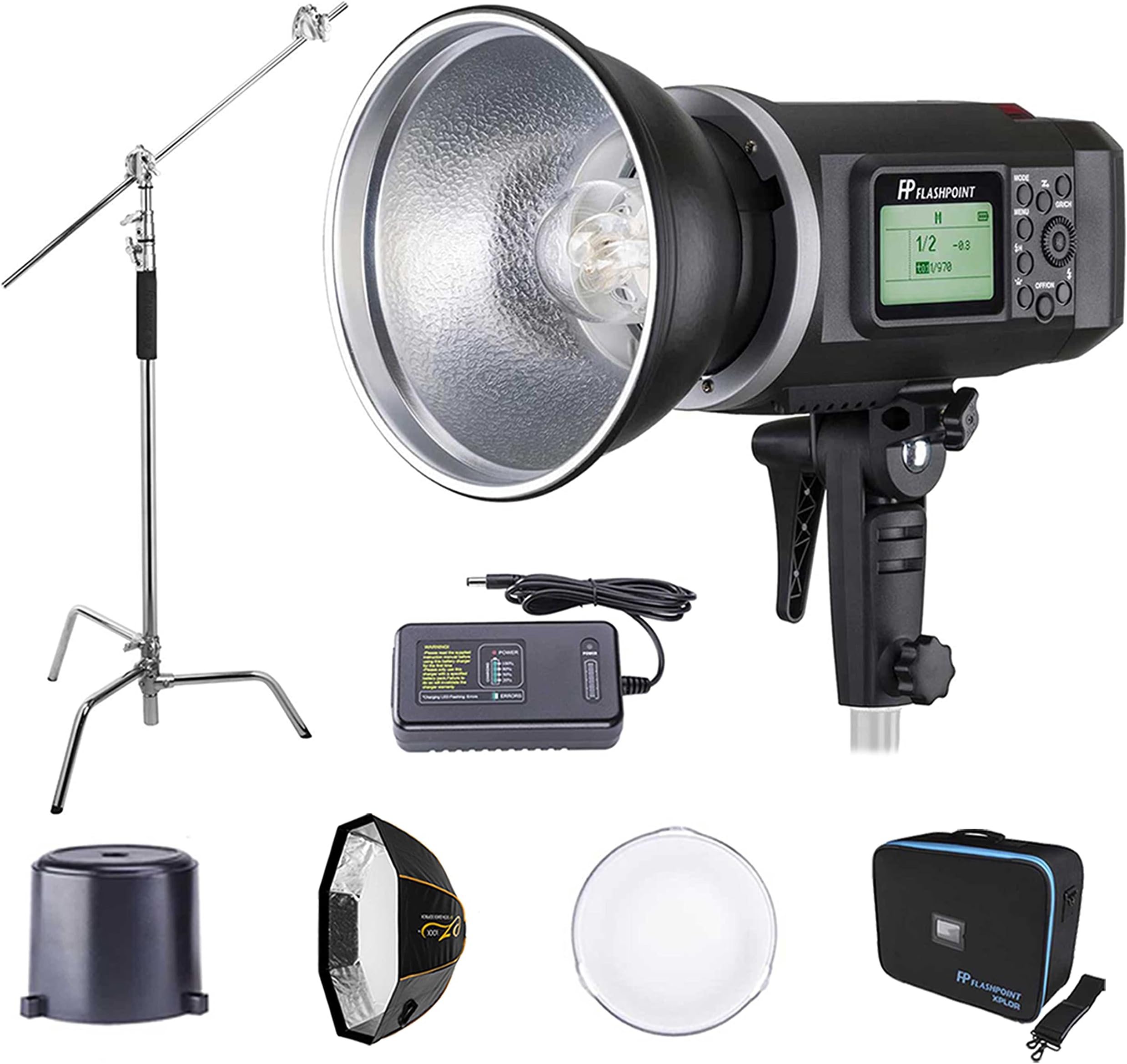 Flashpoint XPLOR 600 HSS R2 Battery Powered Studio Flash Strobe Light Photography Kit w/Built-in R2 2.4GHz, Bowens Mount, 600Ws, 8700mAh Battery, Bundle w/C-Stand and EZ Lock 44in OctaBox
