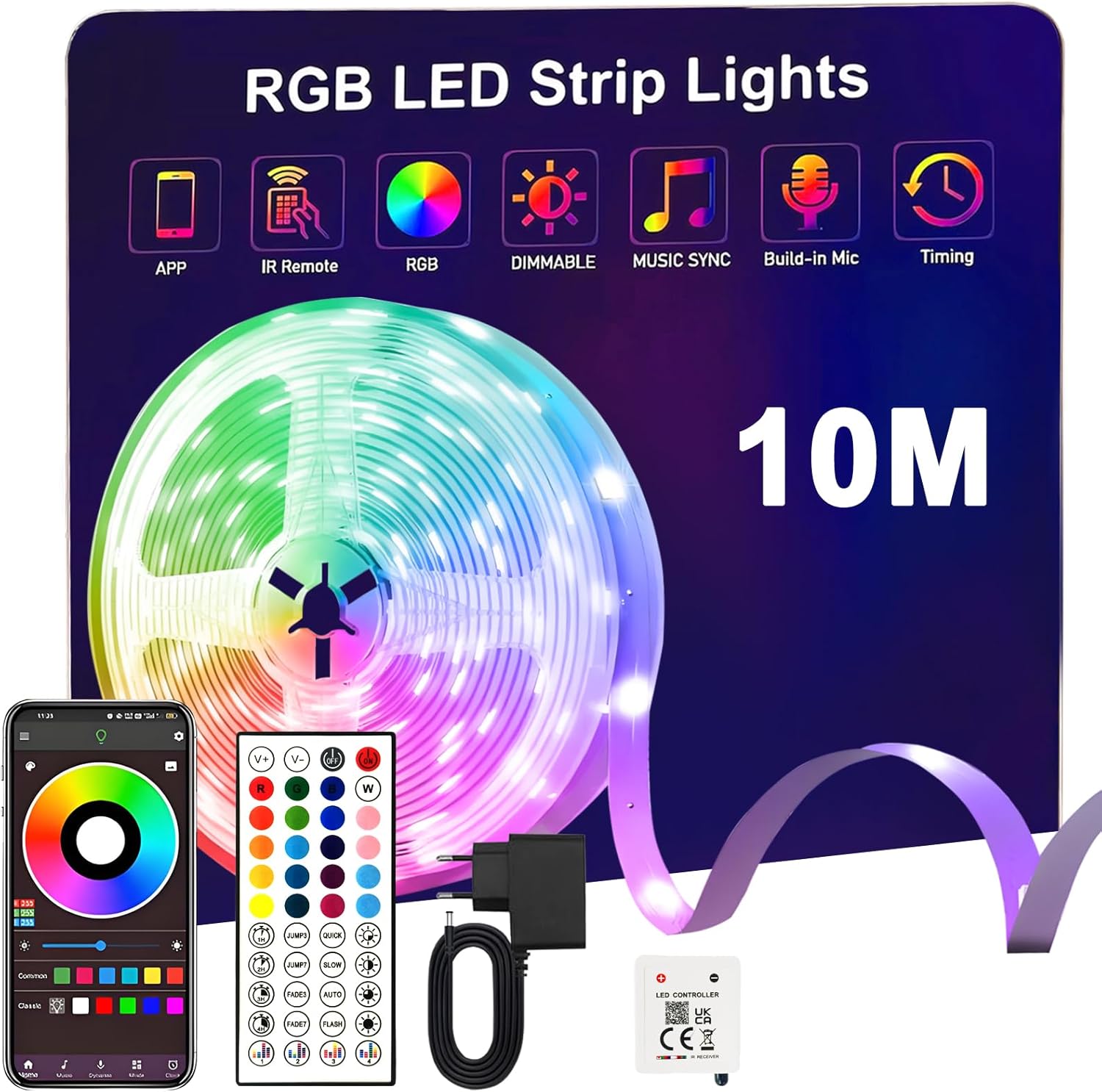 sylvwin Tiras LED de 10 m, Tiras LED RGB con sincronización de música, aplicación Bluetooth y Control Remoto de 44 Botones para salón/Cocina, decoración de Dormitorio, Fiesta, Bar, TV