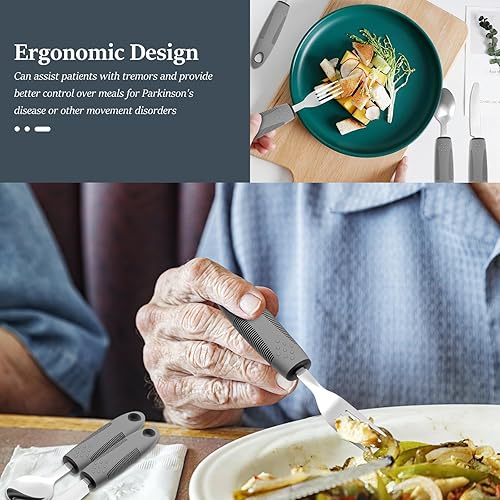 Miniatura 4 de Utensilios adaptativos, utensilios con peso para temblores de manos, estabilidad mejorada, tenedor de acero inoxidable, cuchillo y cuchara,