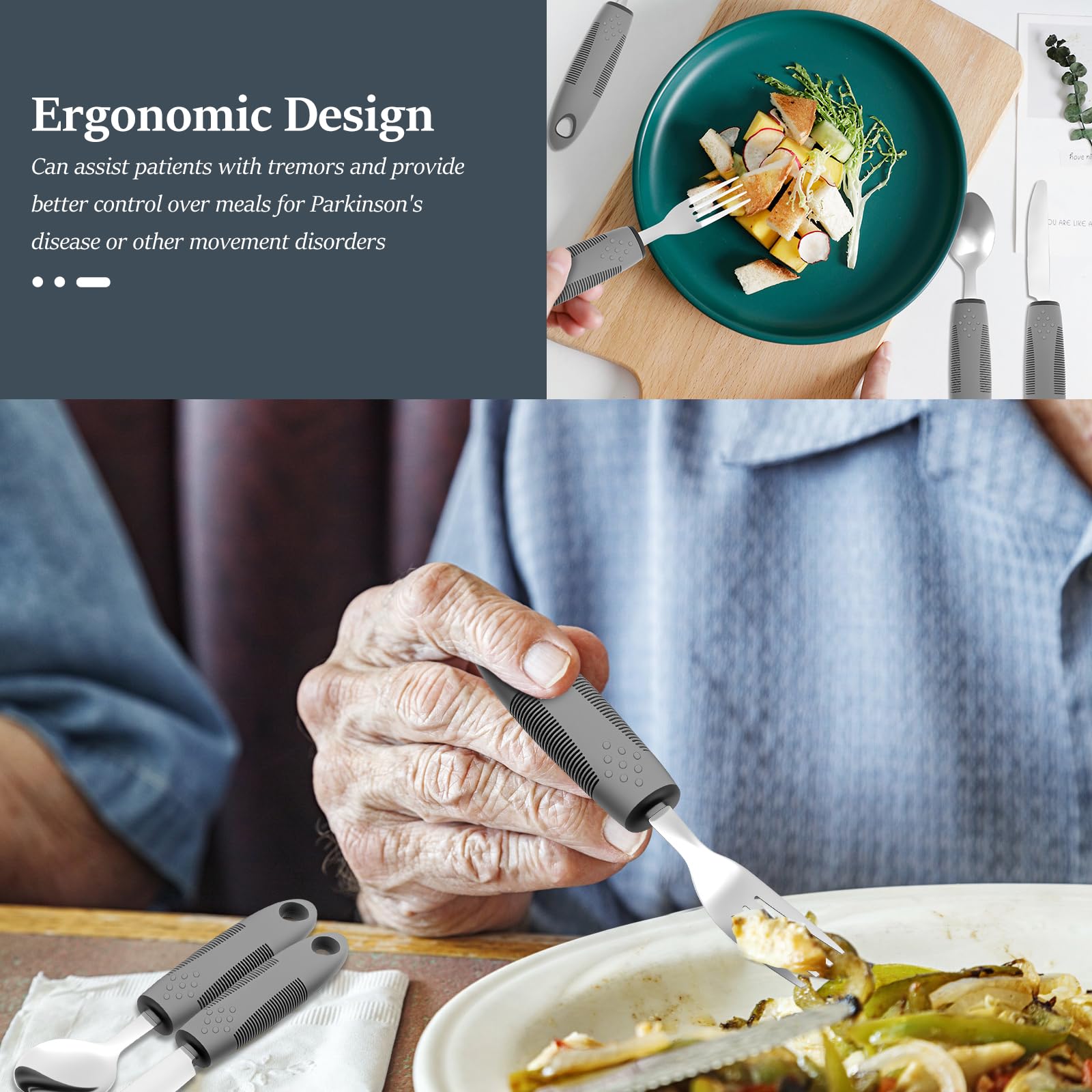 4 utensilios adaptativos de acero inoxidable construidos para adultos, juego completo de utensilios con peso, antideslizantes, de fácil agarre, para ancianos y personas con manos temblorosas