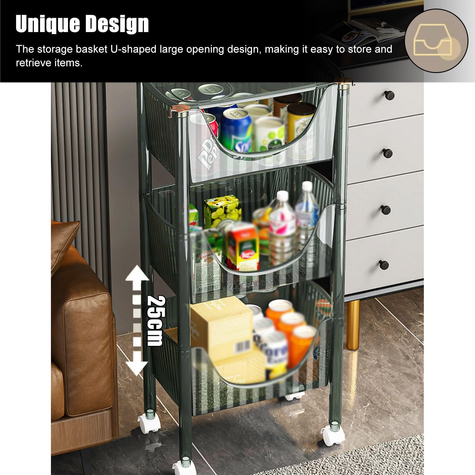 Scaffale per snack Scaffale mobile for frutta/verdura a 2 3 4 livelli, carrello for snack trasparente a U da pavimento for dispensa cucina camera da letto, carrello della spesa girevole con ruote e ga