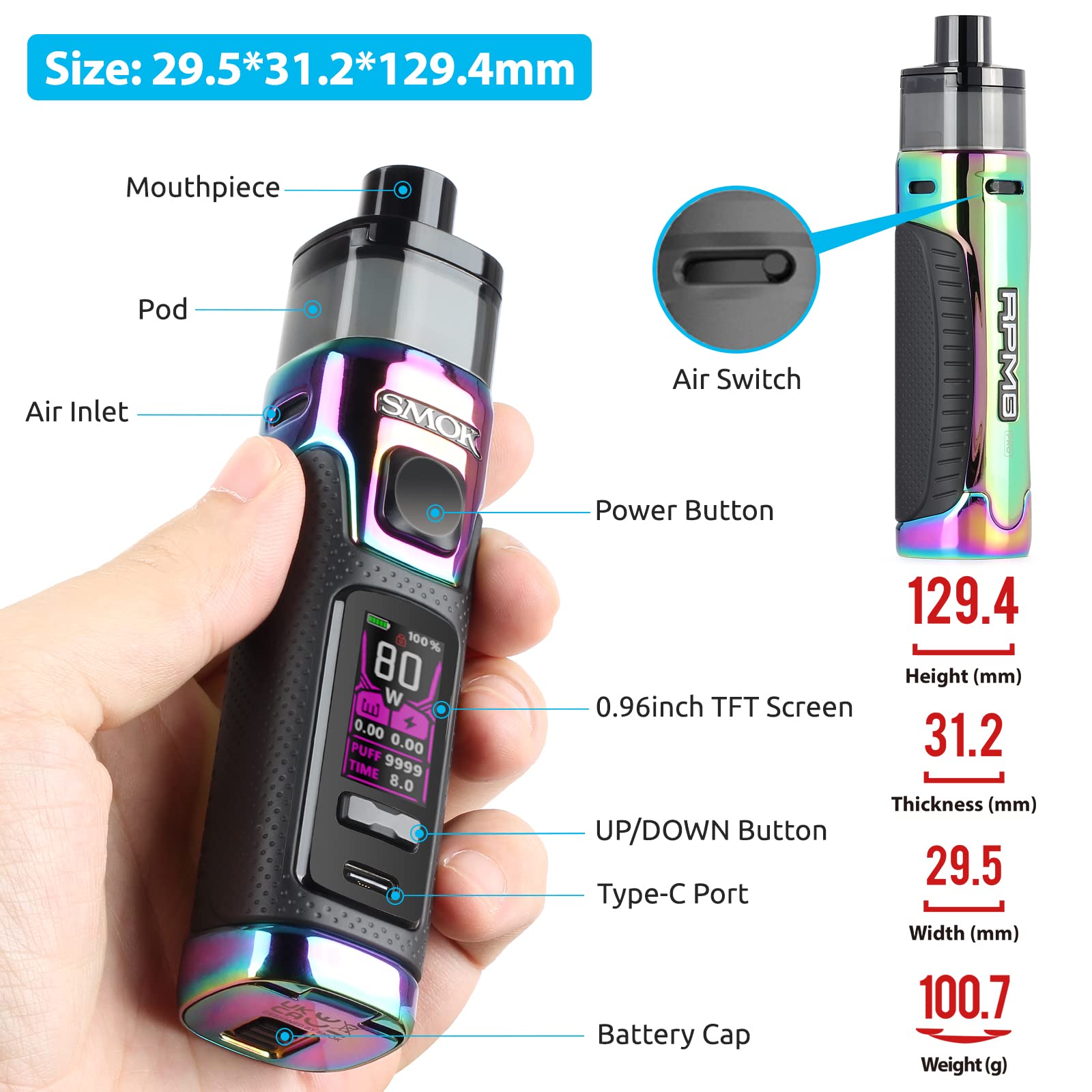 SMOK RPM5 PRO 80W E Cigarette Vape Starter Kit, 2ml Pod, Single Replaceable  18650 Battery(Not Included), No Nicotine