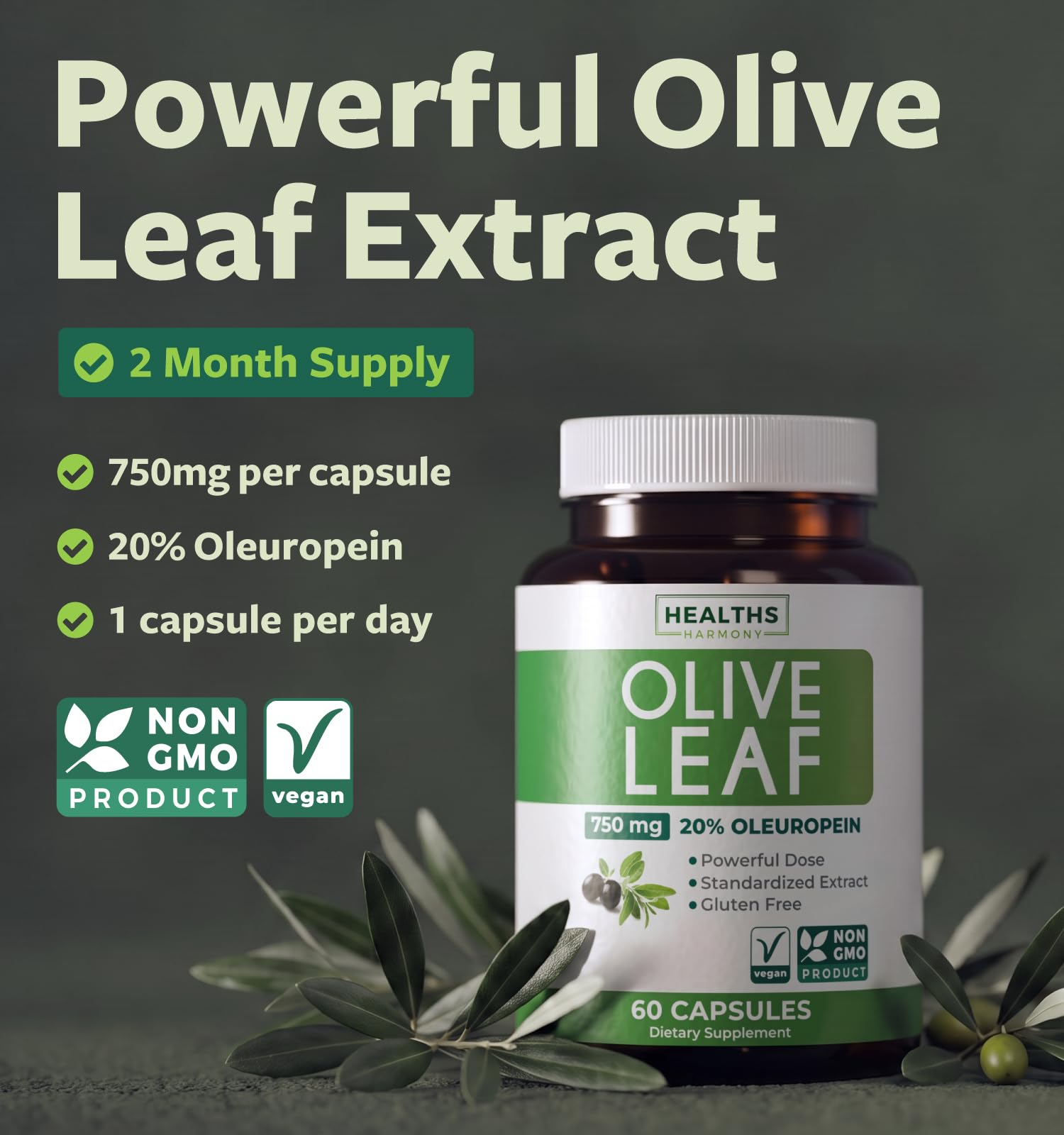 Super Strength Olive Leaf Extract Capsules - Vegan Non-GMO 750mg Olive Extract with 20% Oleuropein Antioxidant Supplement for Immunity Skin and Heart Health Support - Made in the USA (2 Month Supply) — Amazon image 2