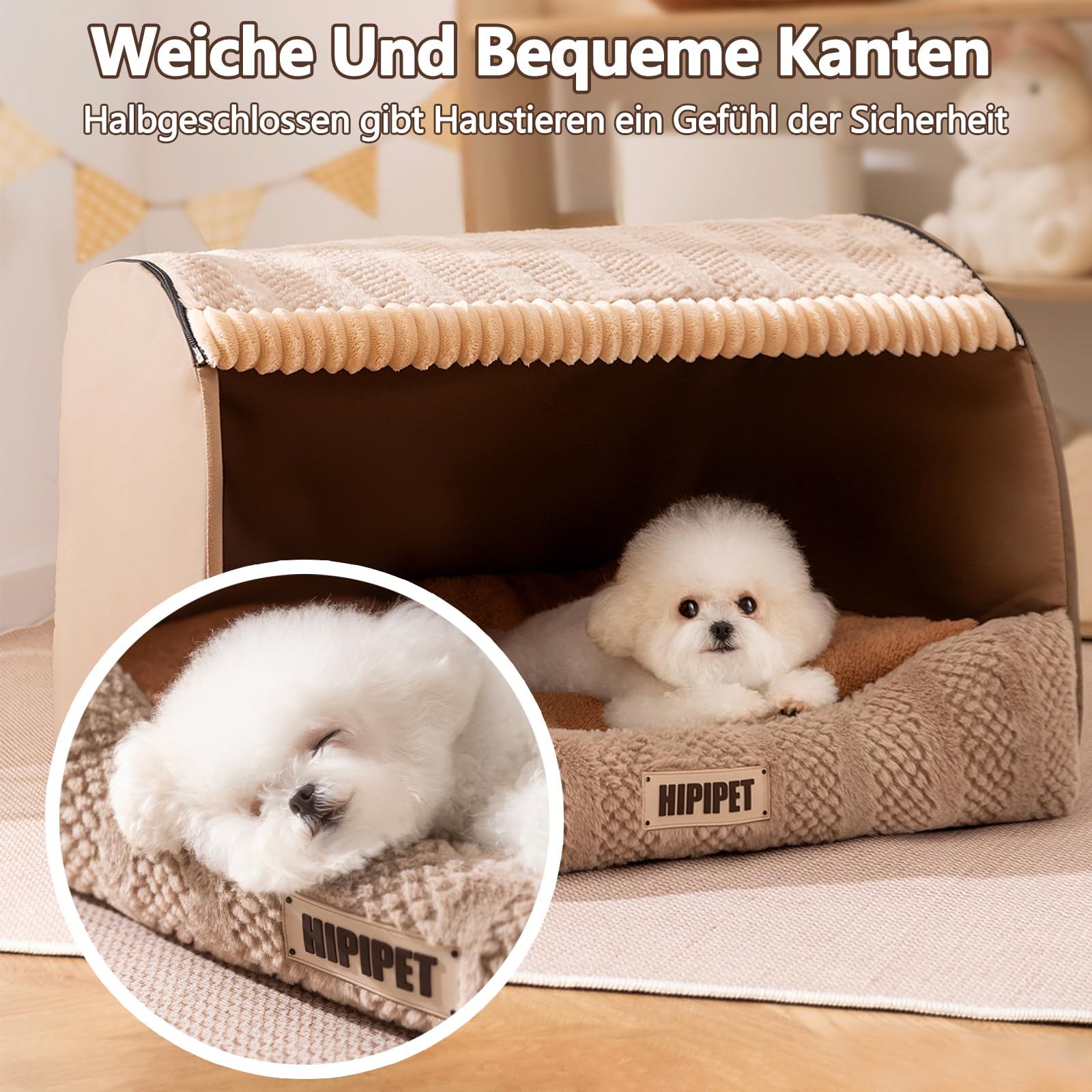 Galatée Katzenhaus, Süßes Hundebett, Faltbares Weiches Katzenhöhlenbett Mit Abnehmbarem Kissen, Haustiernest Mit Rutschfester Unterseite, Bequemes Hundezelt(M, Hellbraun)