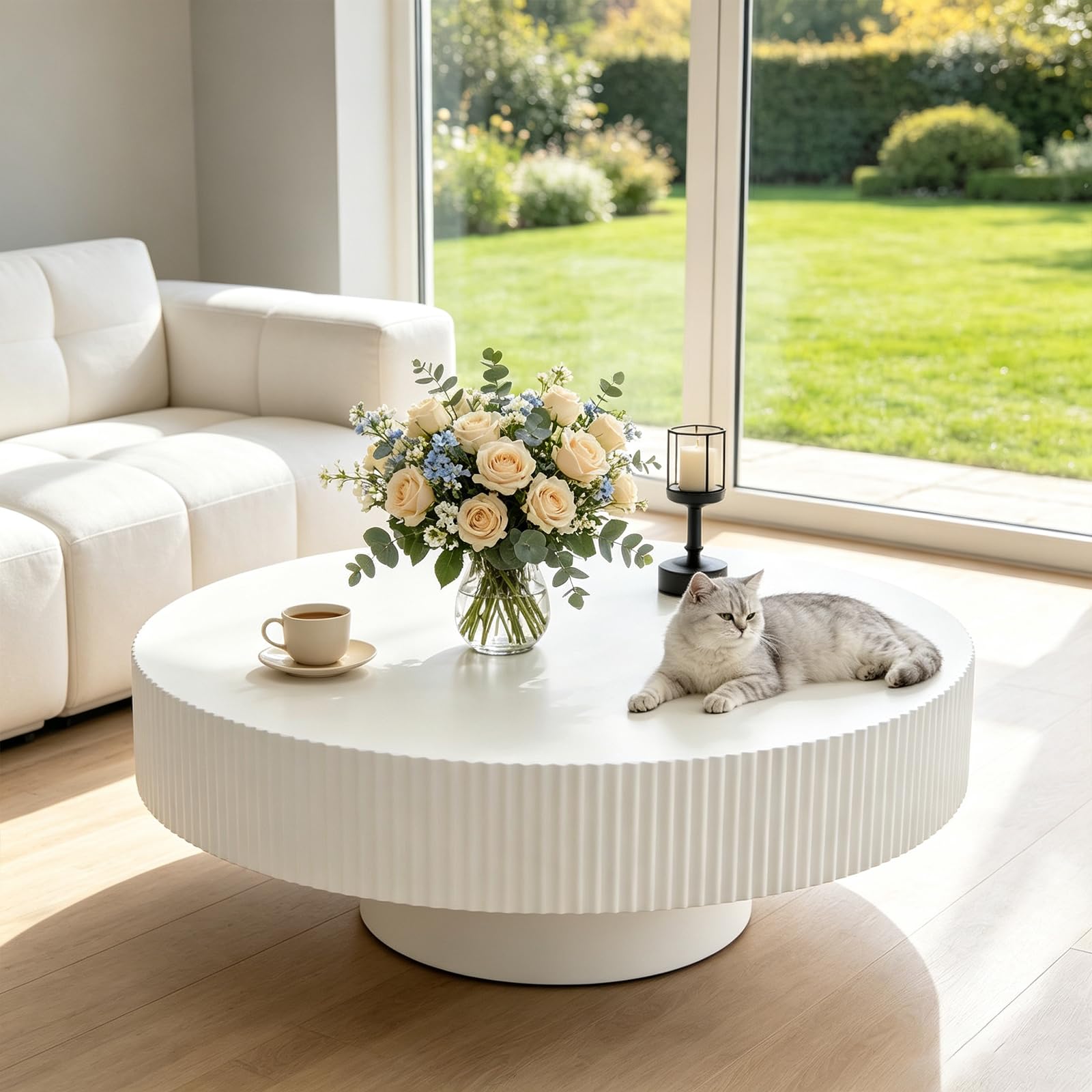 Round Drum Fluted Coffee Table,Circle Wooden Ribbed Coffee Table,White2