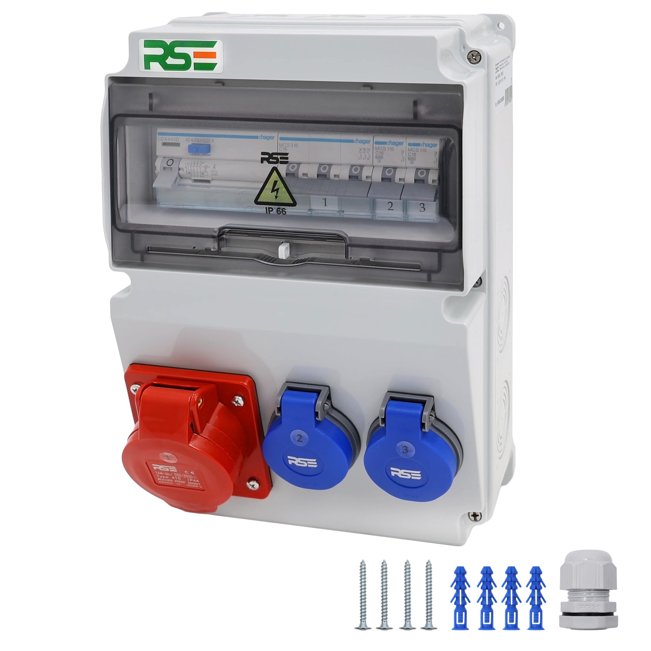 RSE BAUSTROMVERTEILER WANDVERTEILER KOMPLETT VERDRAHTET 32A 16A 230V MIT HAGER SICHERUNGEN IP65, RSE 14-16A/5P, 2x230V