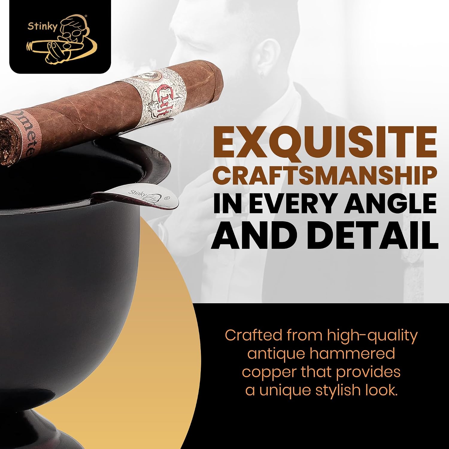 Stinky Cigar Tall Cigar Ashtray with 4 Stirrups, Cherry Black | Windproof Design with 4.25 inch Deep Bowl Ashtray for Indoor & Outdoor Use | Perfect Cigar Accessory for Aficionados & Home Decor image 3