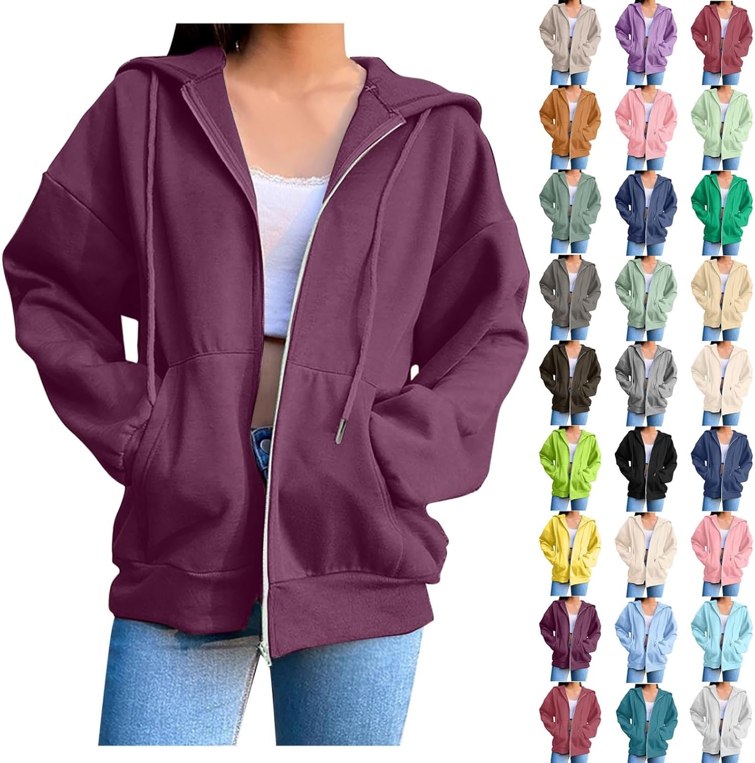 Womens Zip Up Hoodies Oversized Sweatshirts Fall Winter Fashion Long Sleeve Casual Lightweight Y2K Hooded Jacket