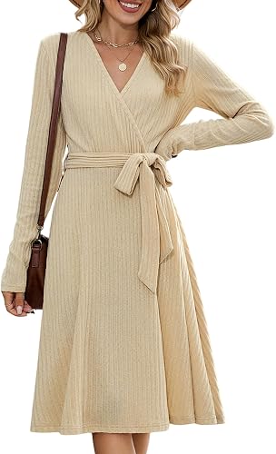 ZAFUL Winter Dresses for Women 2025 Long Sleeve V Neck Sweater Dress Ribbed Knit Pleated with Belt for Wedding Guest Casual Elegant A Line Flowy Midi Business Outfits Going Out Work Wear Apricot XL