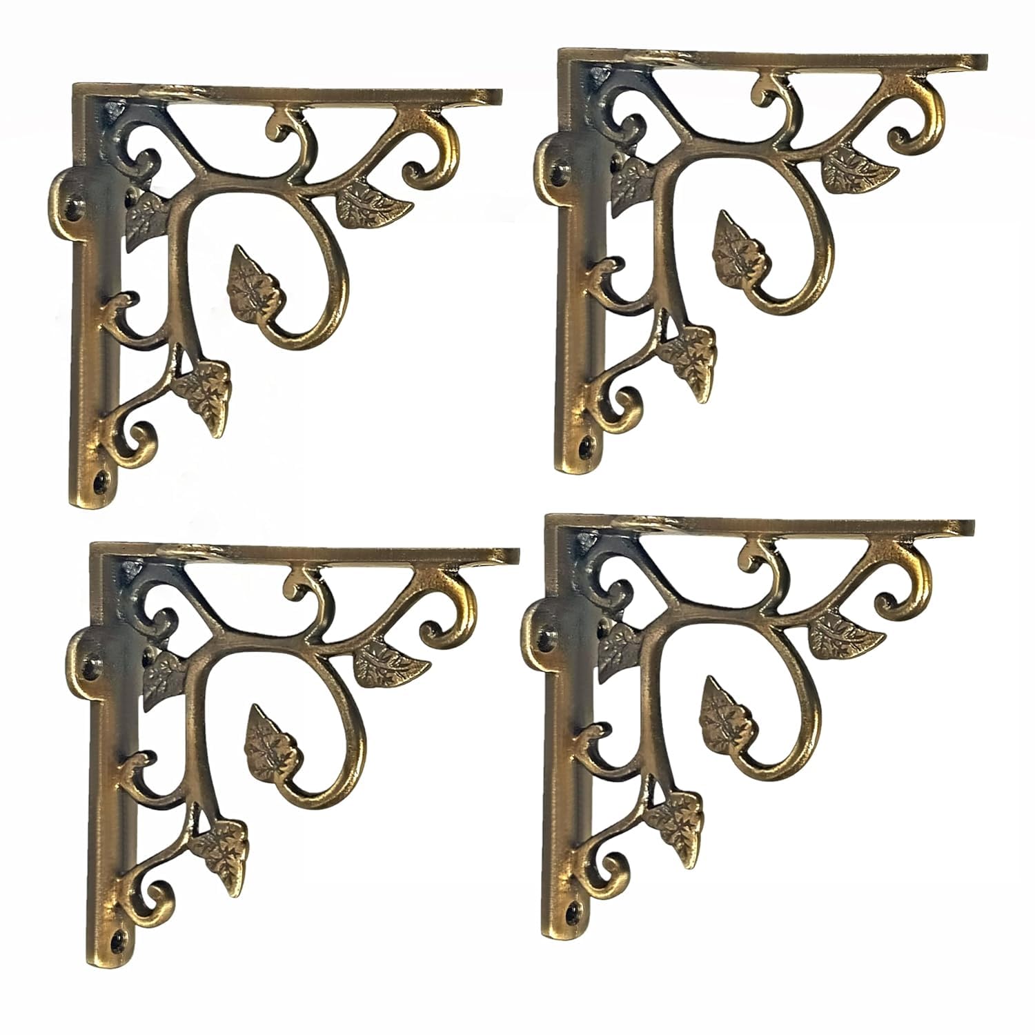Metal Handcrafted Shelf Bracket for Floating Shelves L Angle Decorative L Shaped Corner Brace Joint Heavy Duty Wall Mounted Shelf Supporter Corner Brace Holder (Brass Antique 36, Pack of 4)