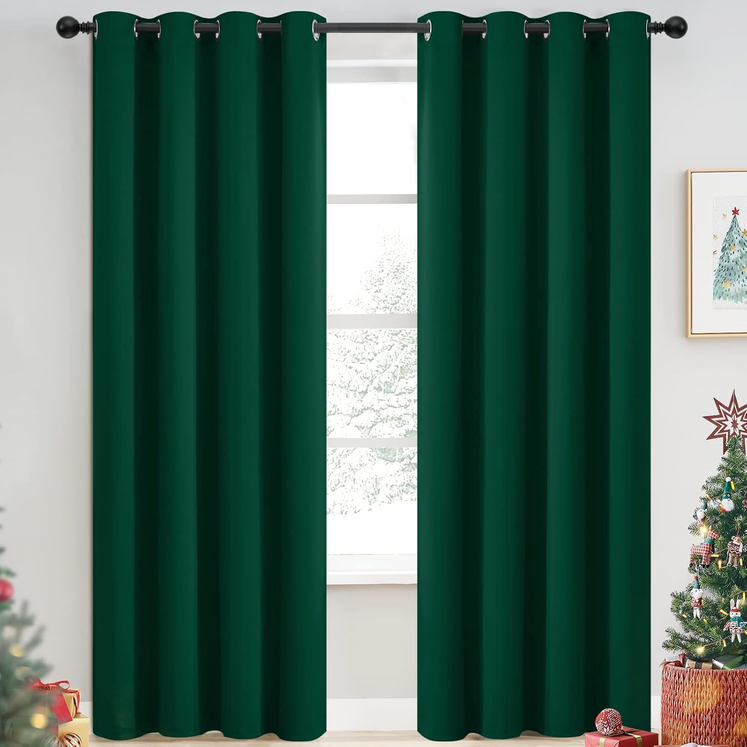 Yakamok Dark Green Blackout Curtains for Bedroom, Room Darkening Thermal Insulated Grommet Window Curtains, Light Blocking Blackout Drapes for Living Room,52Wx84L inch,2 Panels