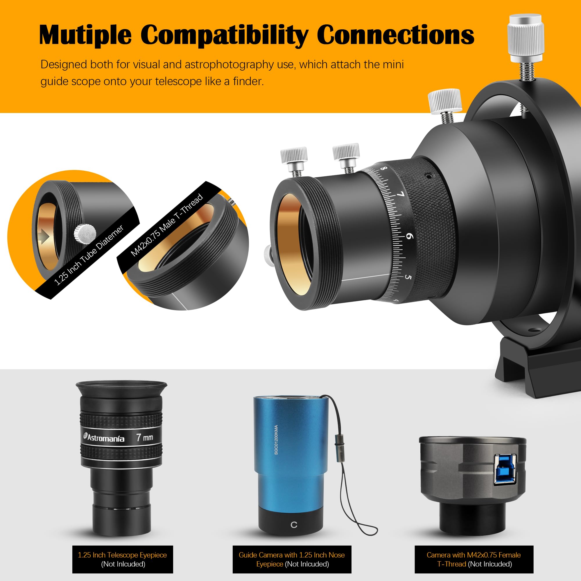 Astromania Guide Scope 60 mm kompaktes Deluxe-Sucher-Führungsrohr-Set mit doppeltem spiralförmigen Fokussierer, kompatibel mit 1,25-Zoll-Okular für astronomisches Teleskop und automatische