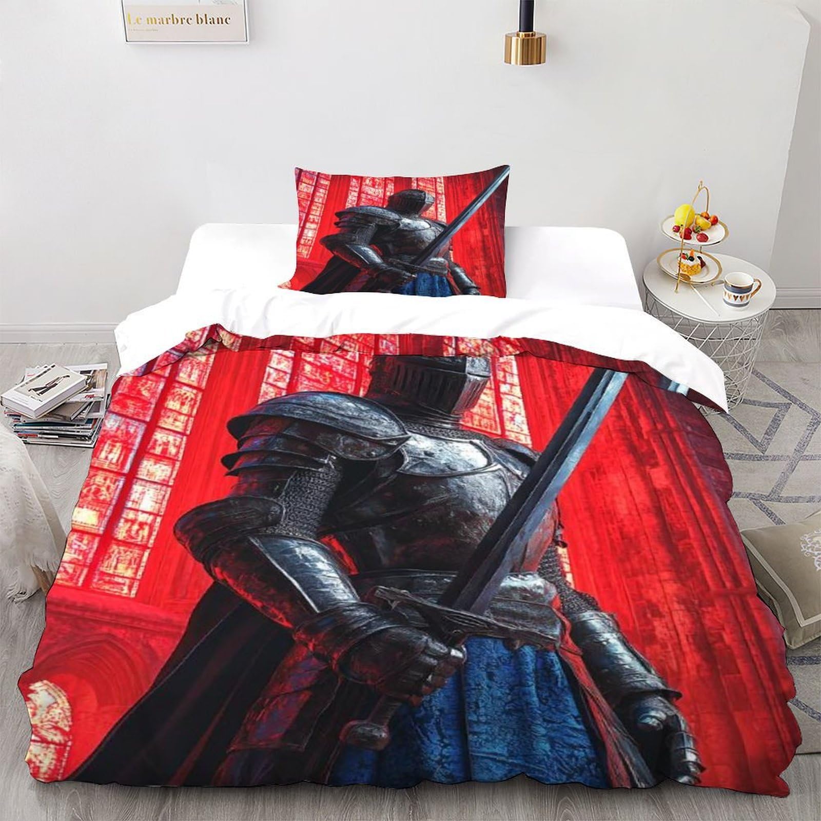 Knight Red Window Bedding Set 3D Design Gothic Themes Duvet Cover Set Chic Breathable Quilt Cover 3 Pieces Universal for All Seasons Pillowcase Single（135x200cm）