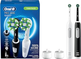 Oral-B Pro 1000 CrossAction Electric Toothbrush 2-Pack Black/White - 3D Deep Clean & Pressure Sensor
