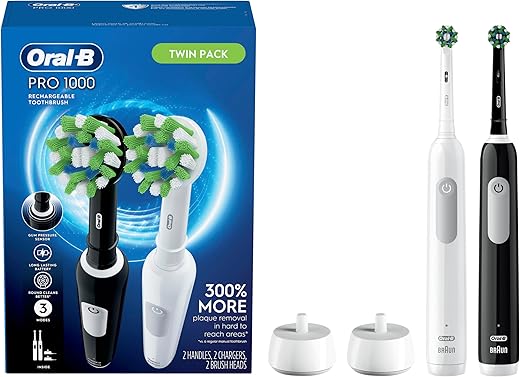 Oral-B Pro 1000 CrossAction Electric Toothbrush, Black and White, 2 Count