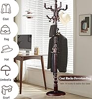 Vista 3 de Percheros de pie independientes, perchero de madera natural con 14 ganchos, percheros resistentes de altura ajustable para entrada, pasillo, Marrón