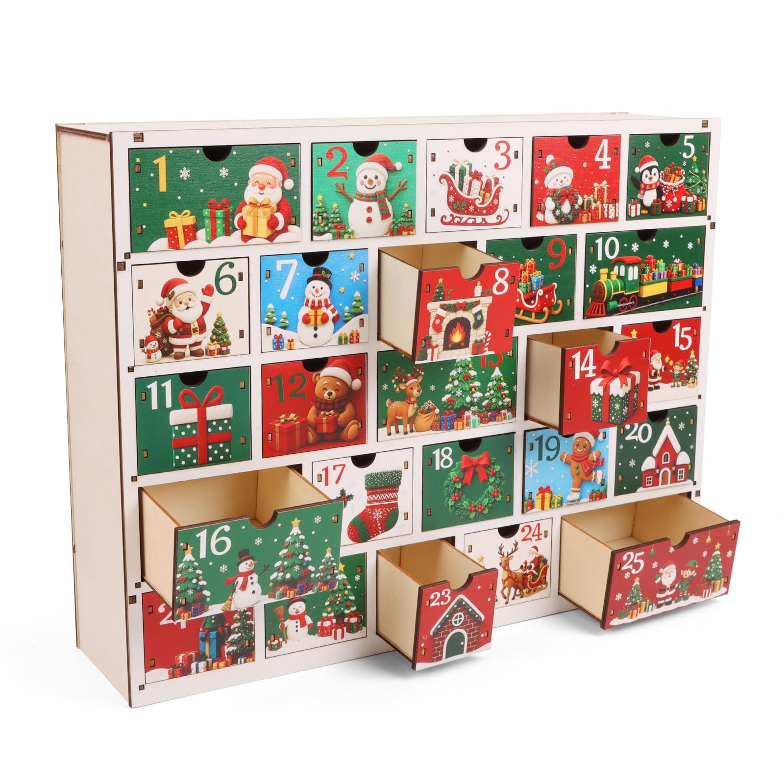 CCINEE Calendario dell'avvento 2026 in legno, con conto alla rovescia natalizio con 25 cassetti, design con Babbo Natale e renna, riutilizzabile, decorazione natalizia per famiglie