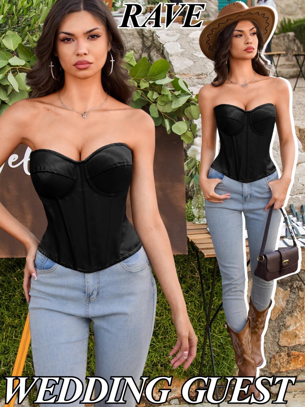 ChiaoLezhee Womens Sexy Corset with 2 Straps (Wide & Thin), Boned Underwire Zipper, Overbust Bustier Rave Tube Top Size 00-10