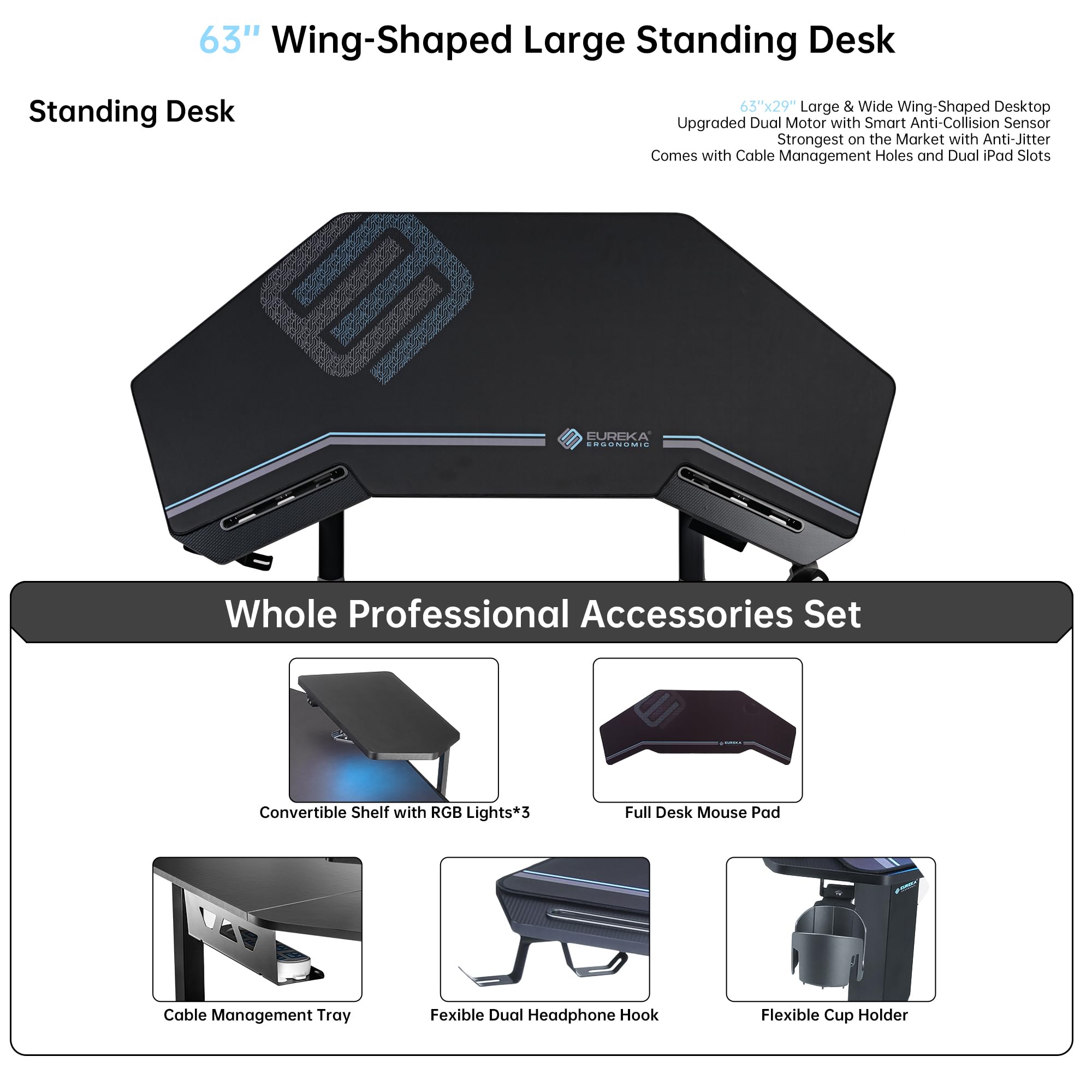 EUREKA ERGONOMIC Aero 72 Inch Gaming Desk with Keyboard Tray, Large Computer Desk Led Lights, Wing-Shaped Monitor Stand Dual Headphone Hanger Cup Holder for Studio,Streamer,Live,Maple: 63"W x 48"H-Adjustable Black